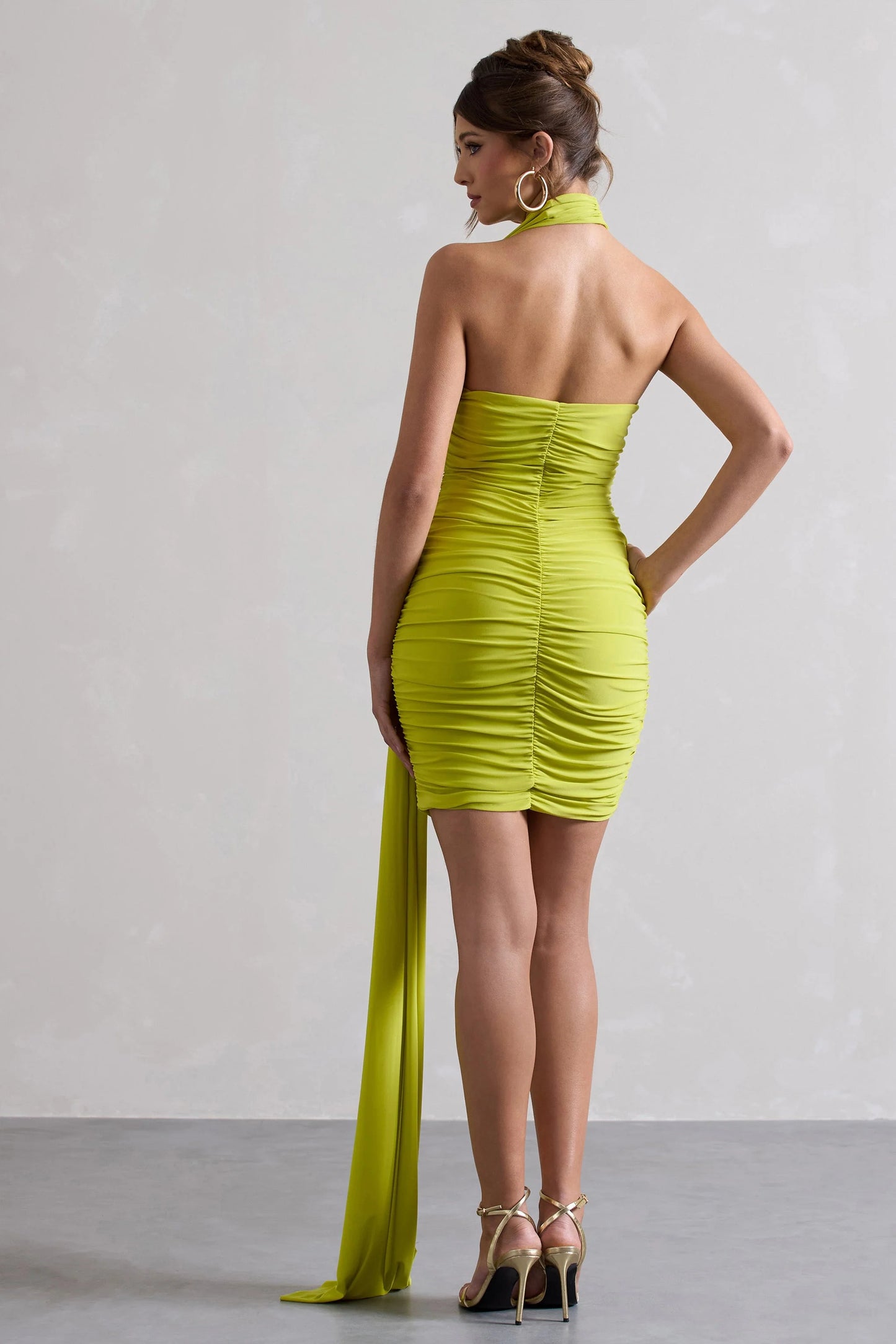 Abel | Lime Green Ruched One Shoulder Mini Dress With Scarf