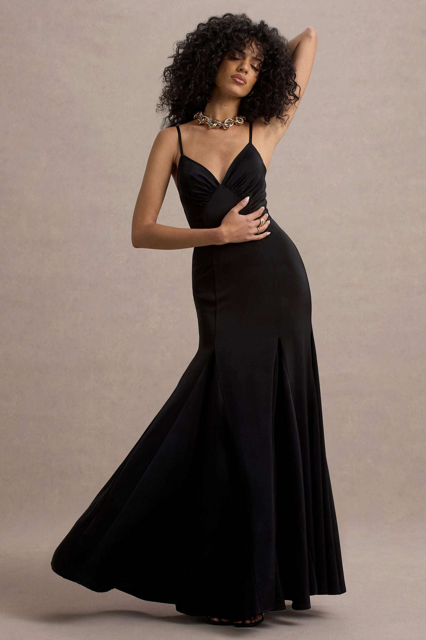 Ashly | Black Satin Maxi Dress With Volume Hem