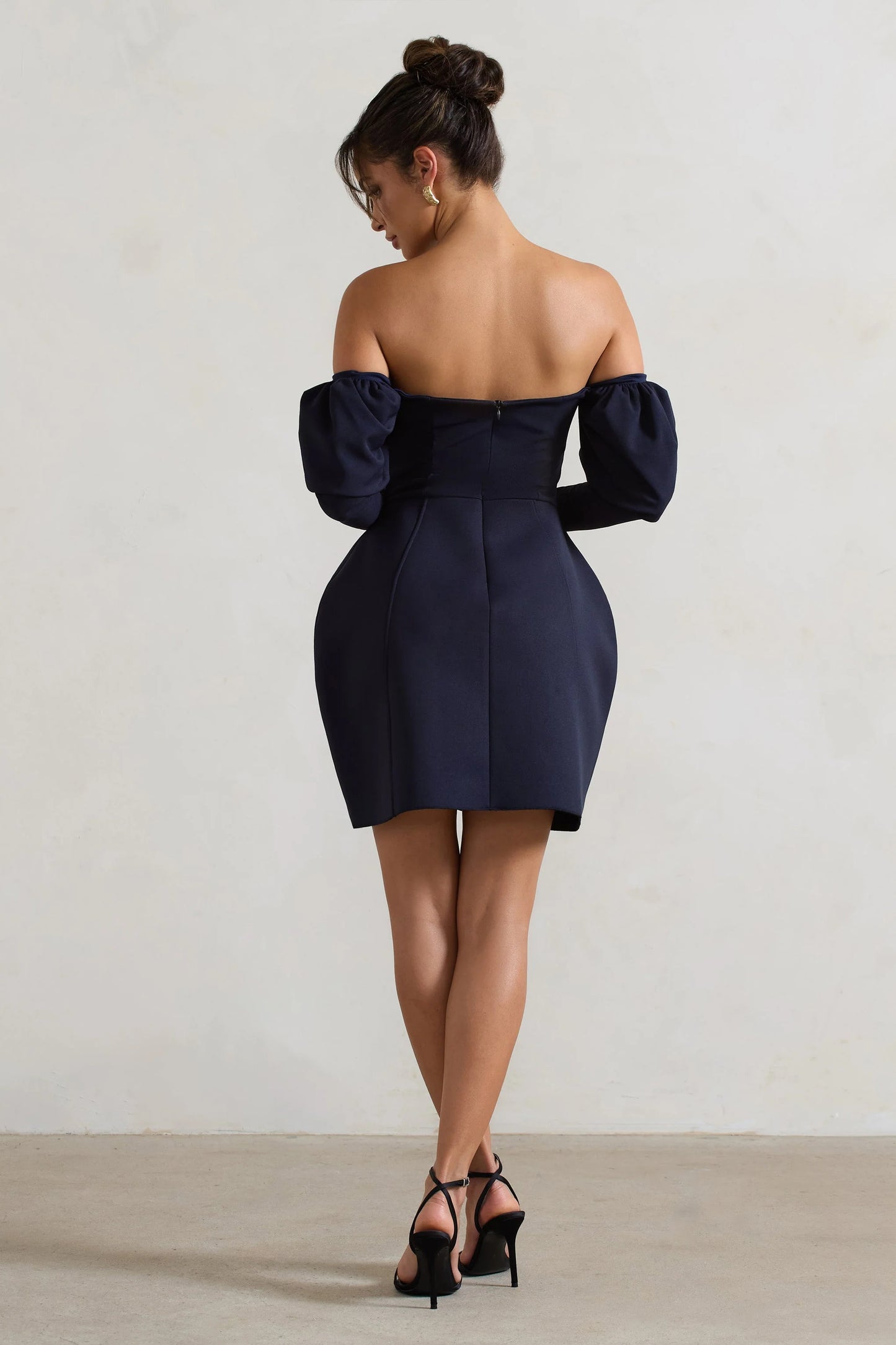 Evangeline | Navy Structured Bardot Puff-Sleeve Mini Dress