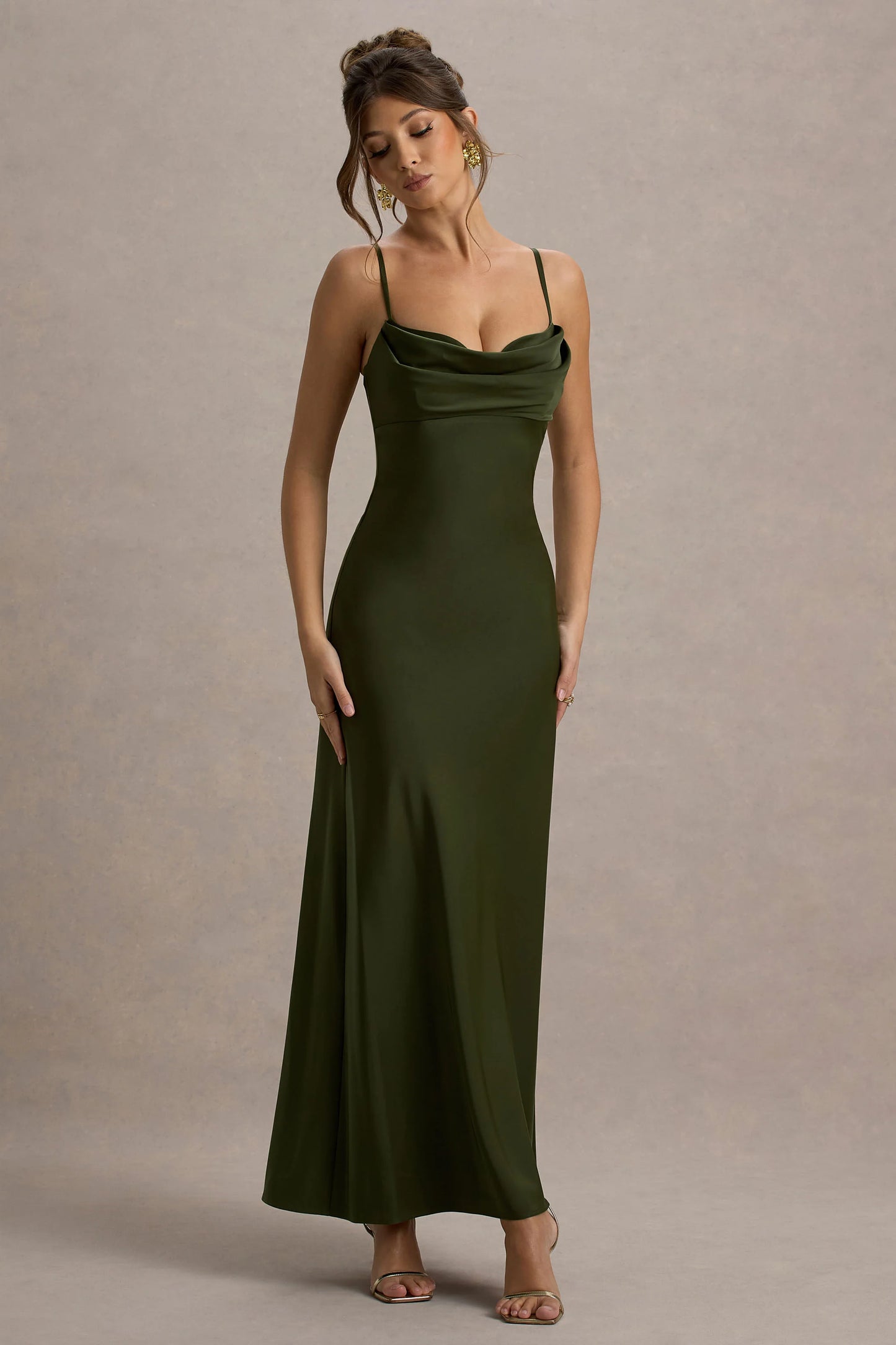 Eimear | Olive Green Satin Draped Sweetheart Maxi Dress