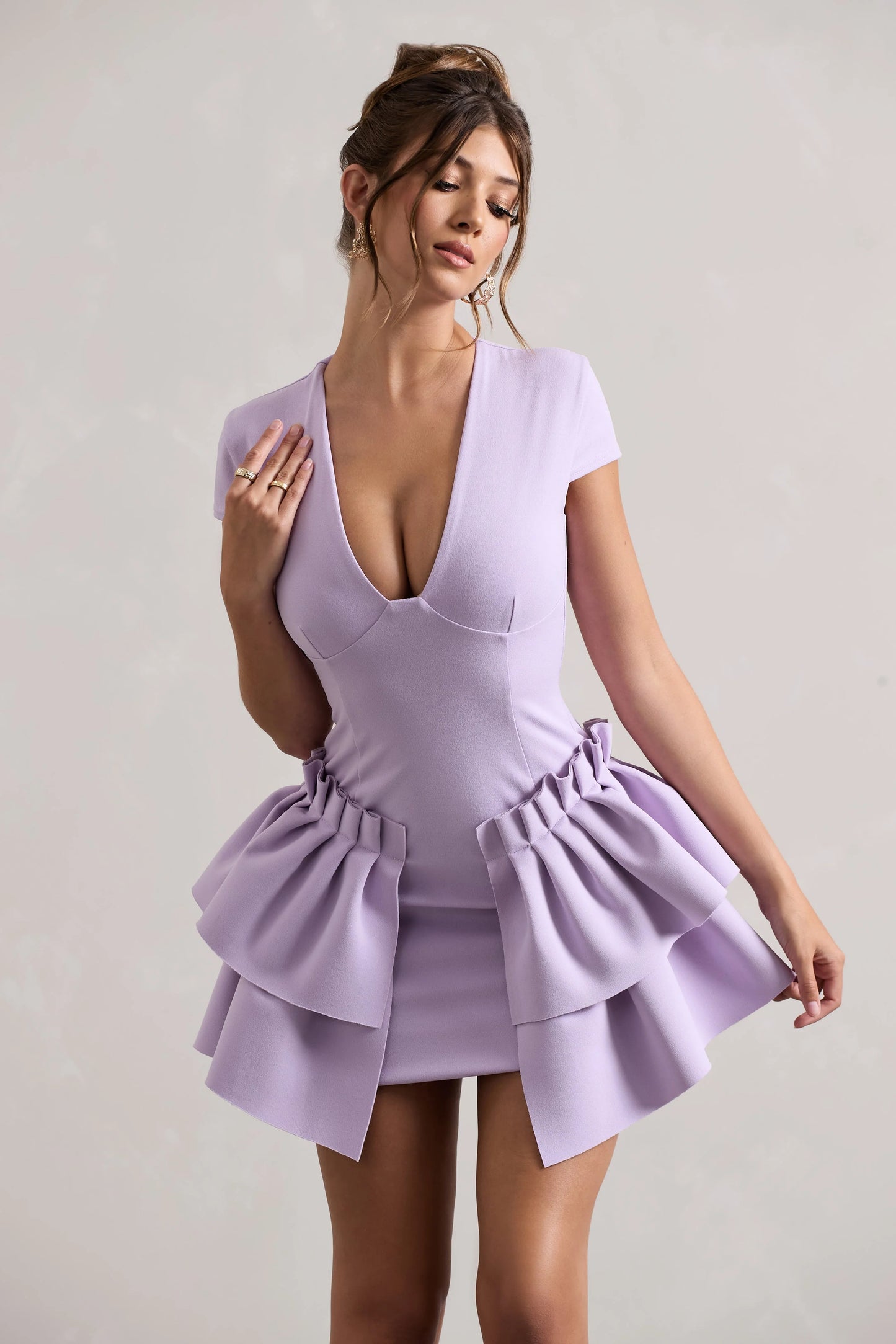 Genevieve | Lilac Plunge-Neck Mini Dress With Layered Hem