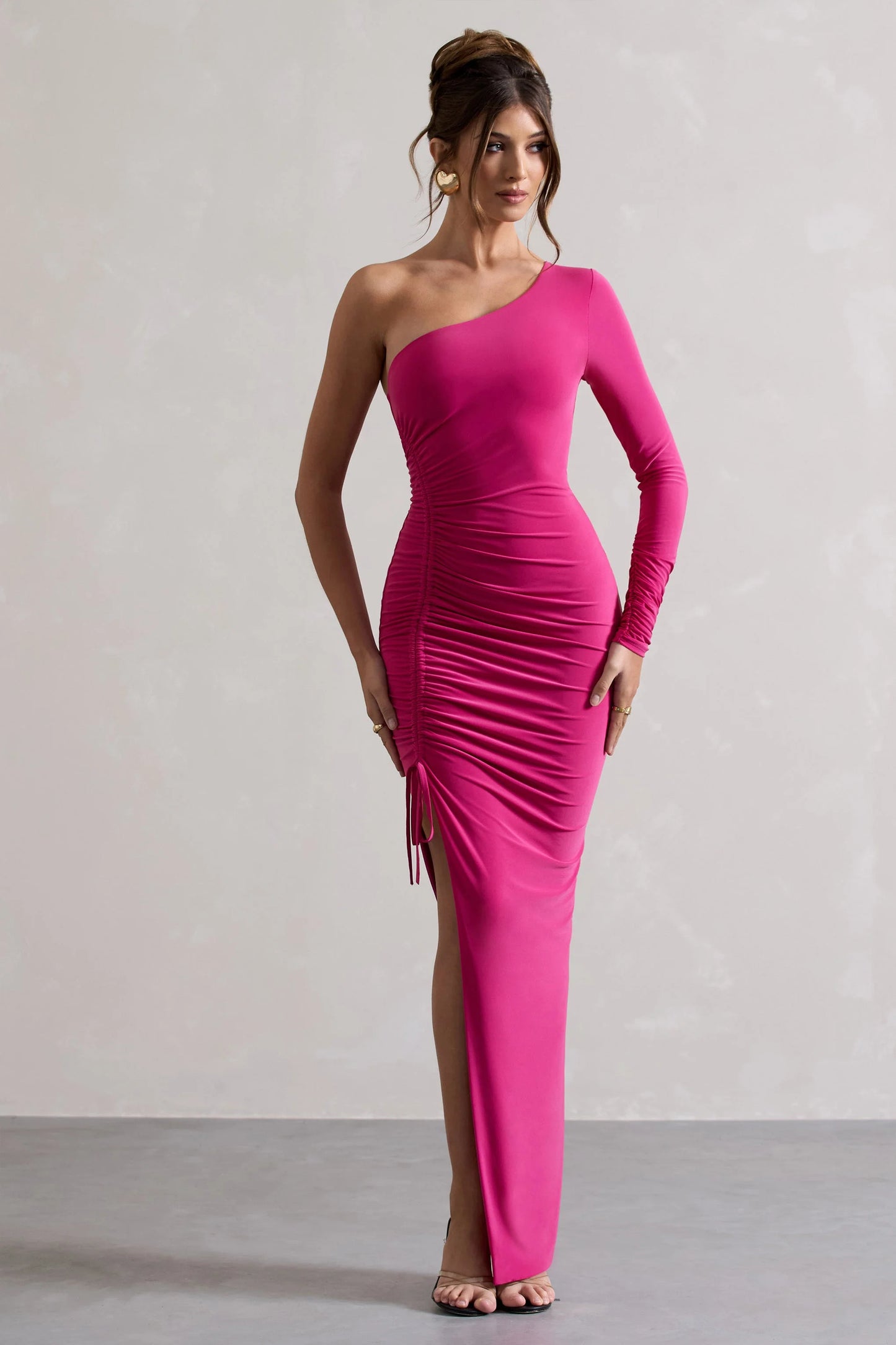 Anima | Dark Pink Asymmetric Ruched One-Sleeve Maxi Dress