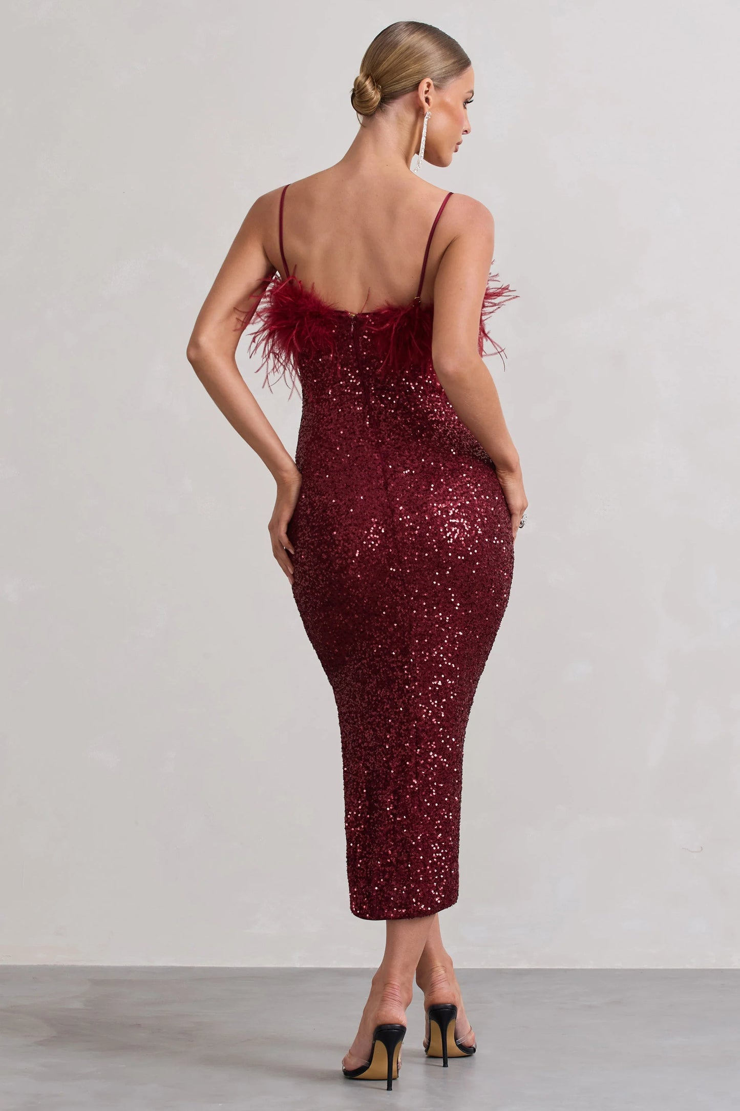 In Your Head | Plum Sequin Strappy Midi Dress With Feathers