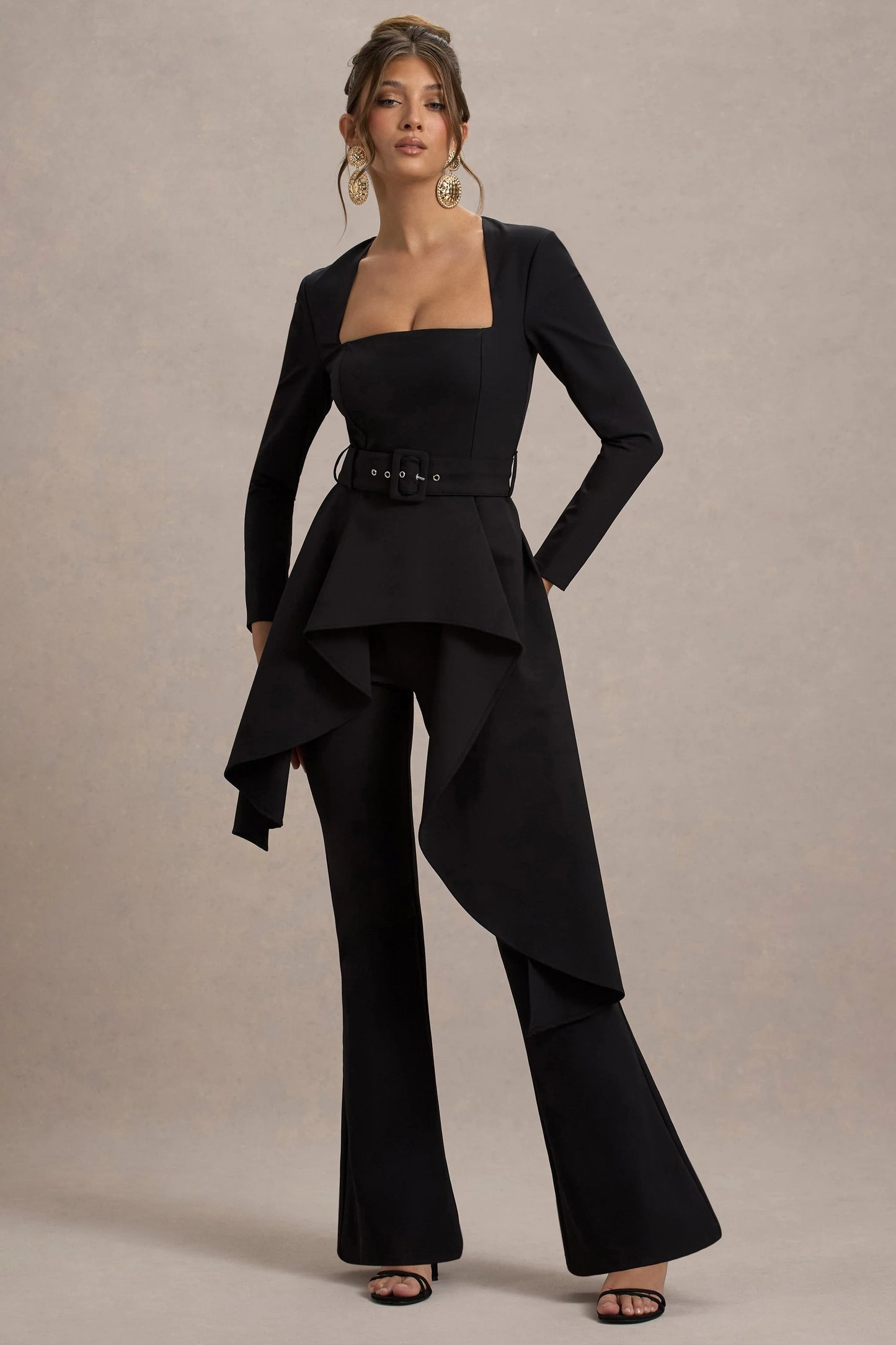 Eminent | Black Square-Neck Flared-Leg Jumpsuit With Draped Waist