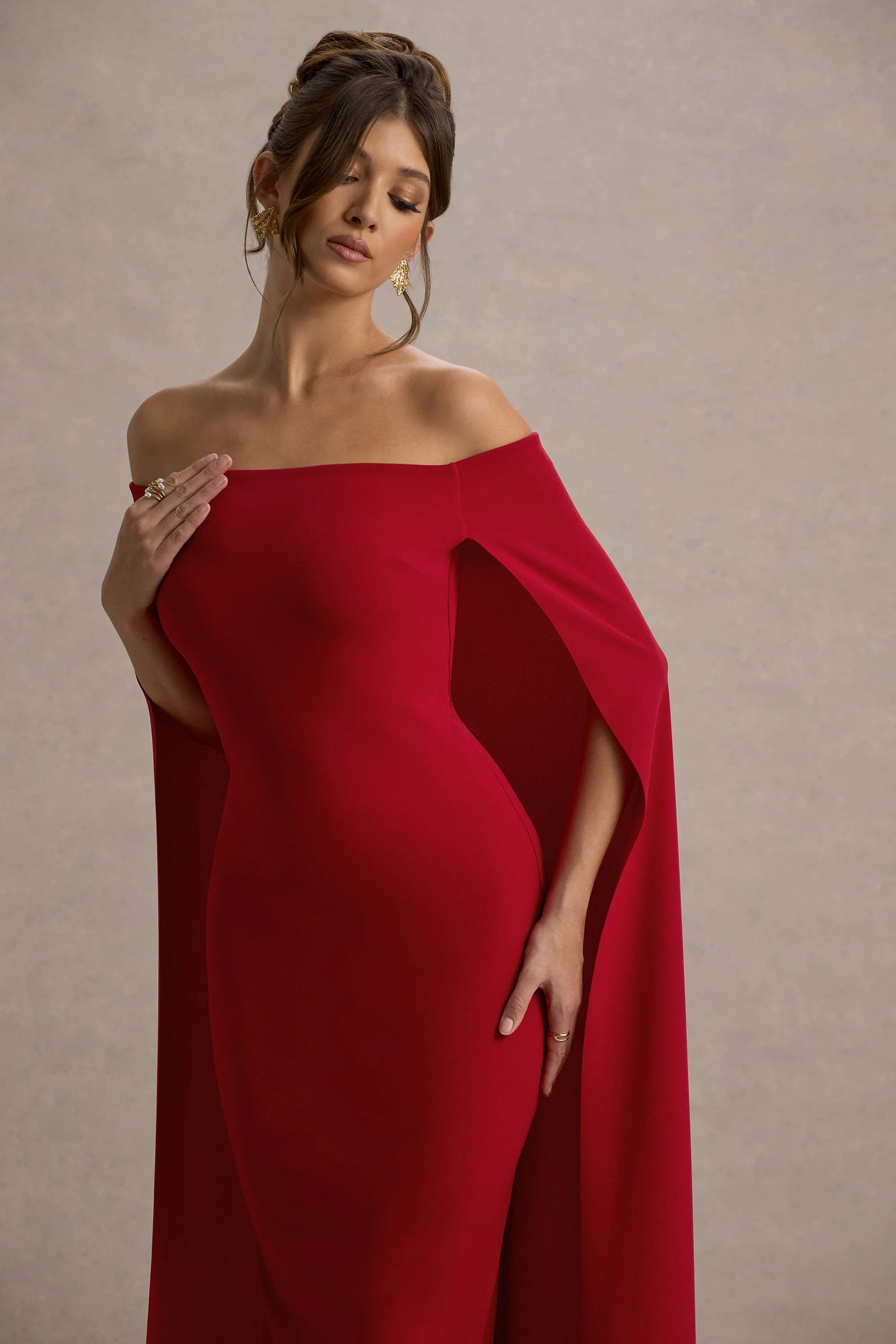 Genovia | Red Bardot Cape Maxi Dress