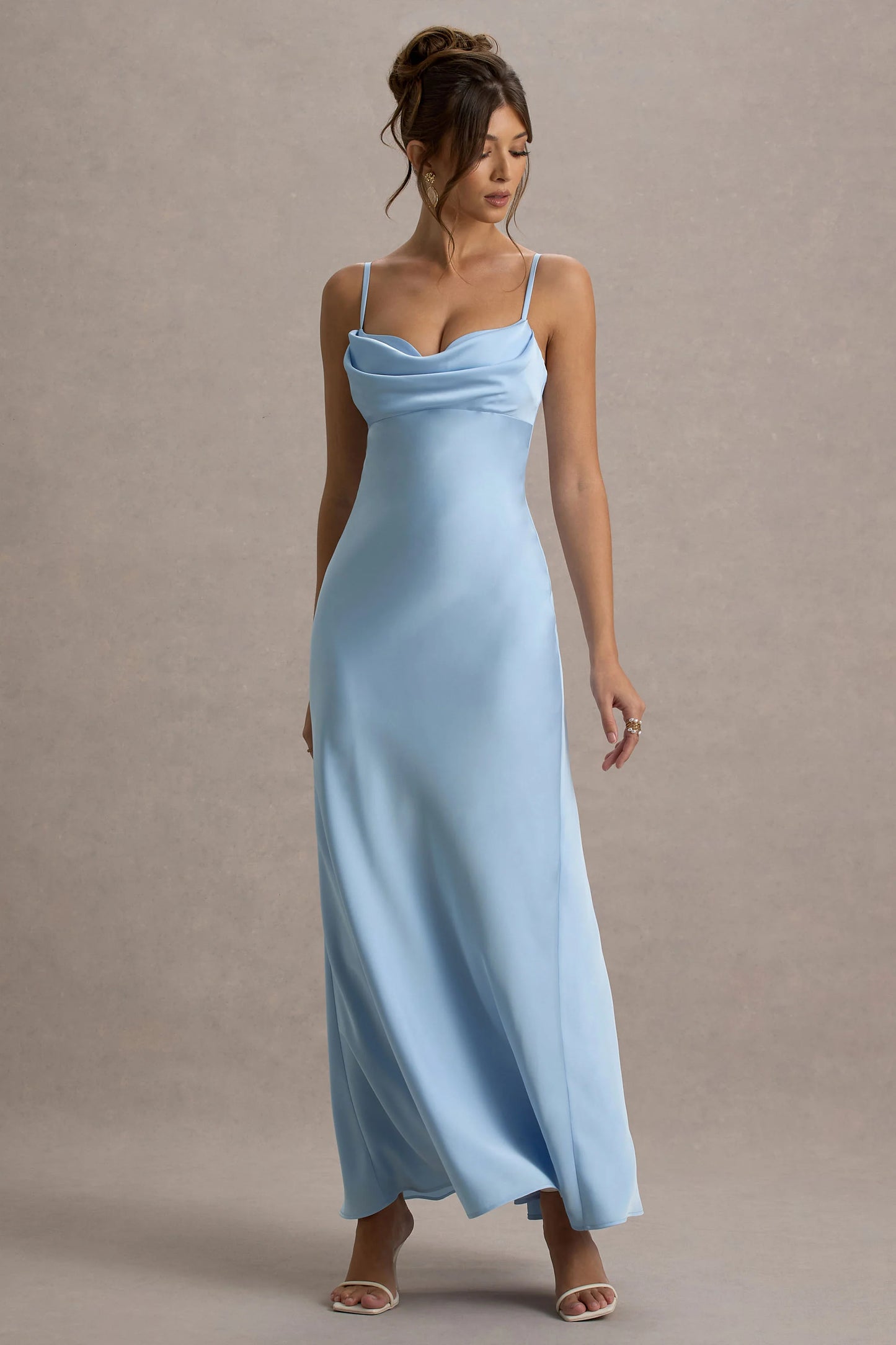 Eimear | Powder Blue Satin Draped Sweetheart Maxi Dress