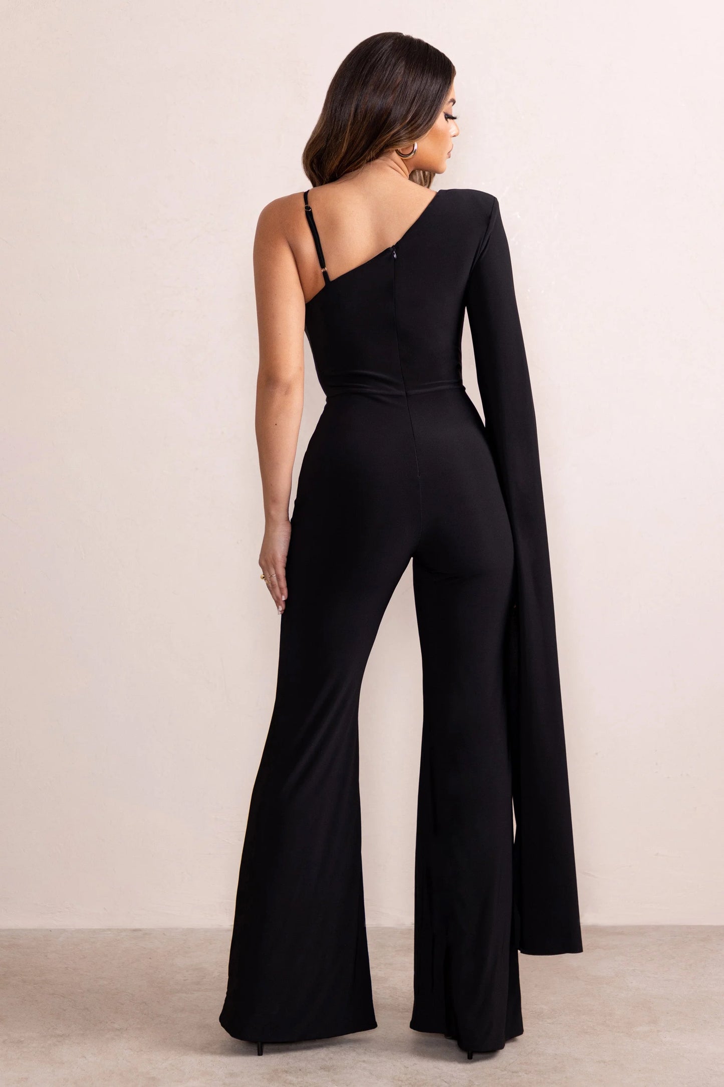 Dionne | Black Plunge Front One Shoulder Jumpsuit With Cape Sleeve