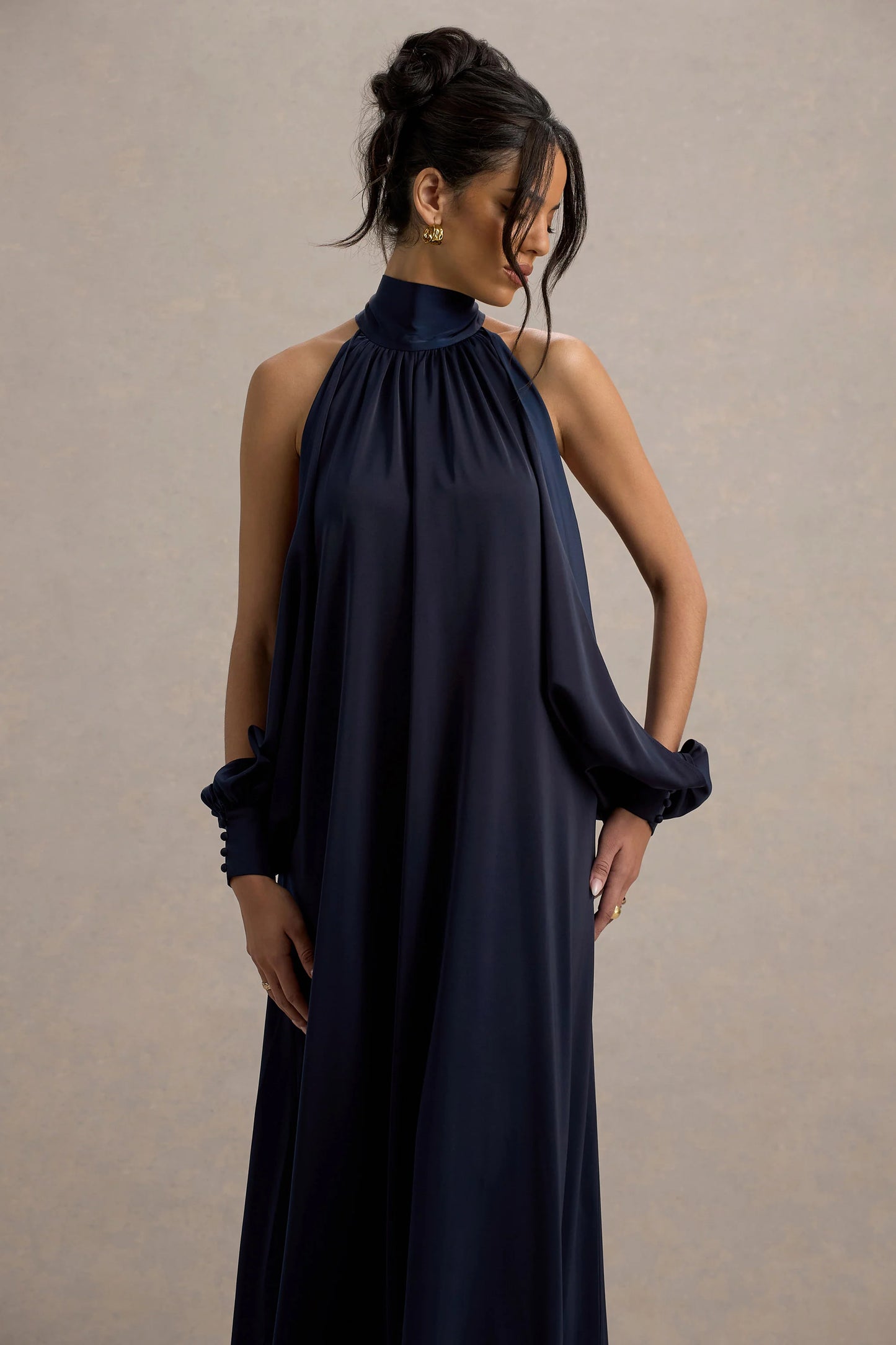 Baila | Navy Satin High-Neck Cape-Sleeve Maxi Dress