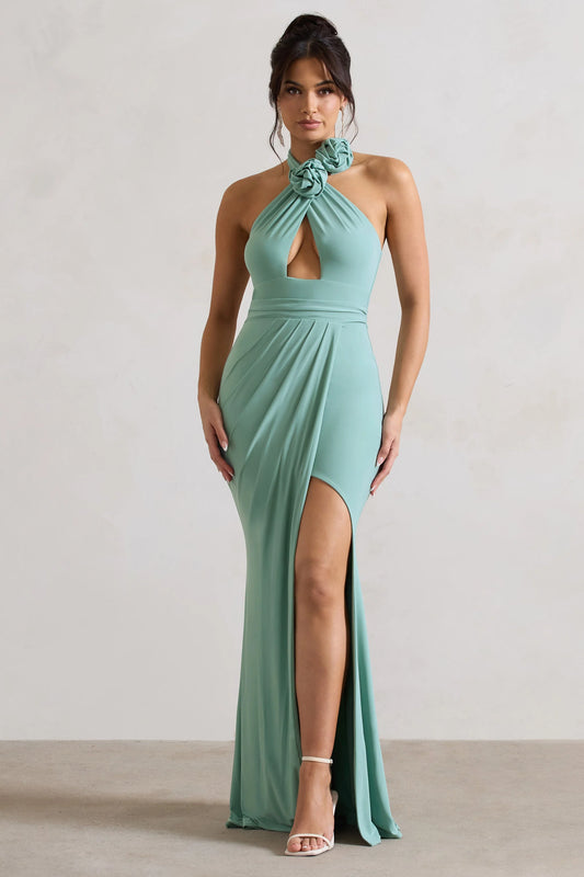 Kira | Sage Halter-Neck Cut-Out Split Maxi Dress With Flowers