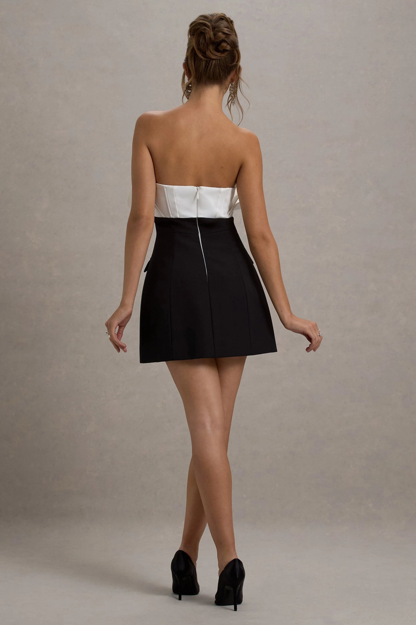 Clare | Black & White Ruffled Strapless Tailored Mini Dress