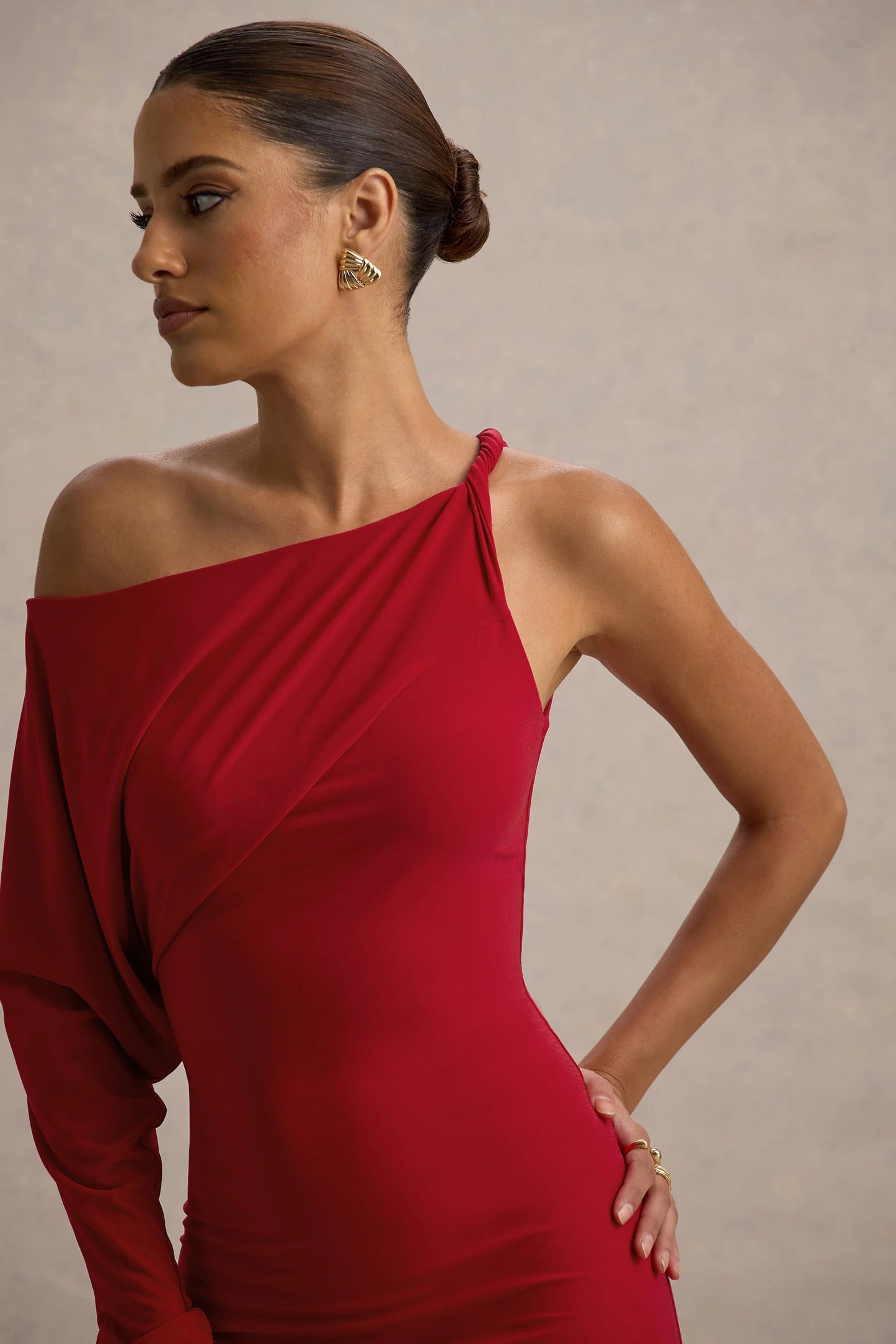 Floria | Red Draped One-Sleeve Maxi Dress