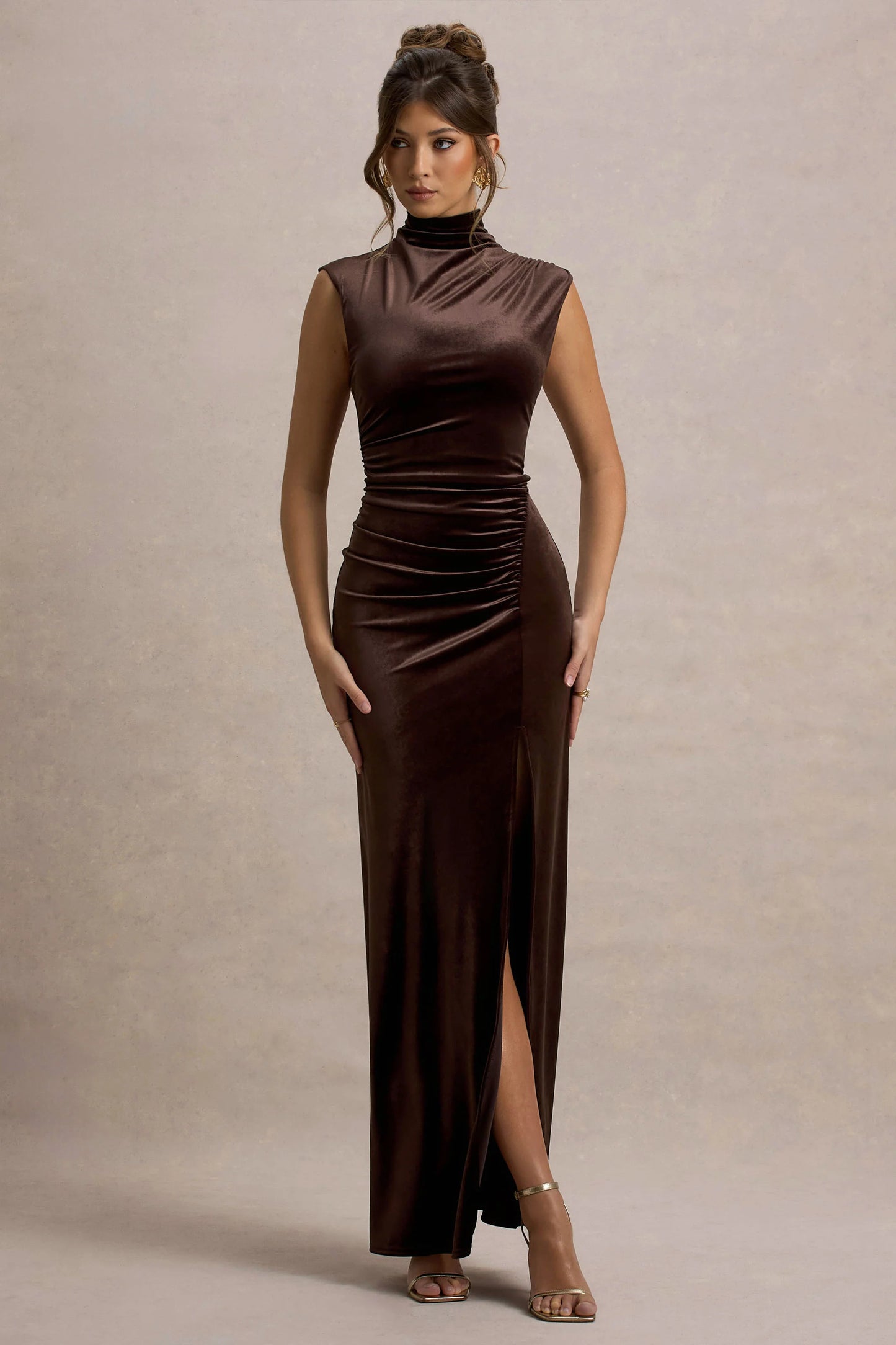 Abilene | Chocolate Velvet High-Neck Split Maxi Dress