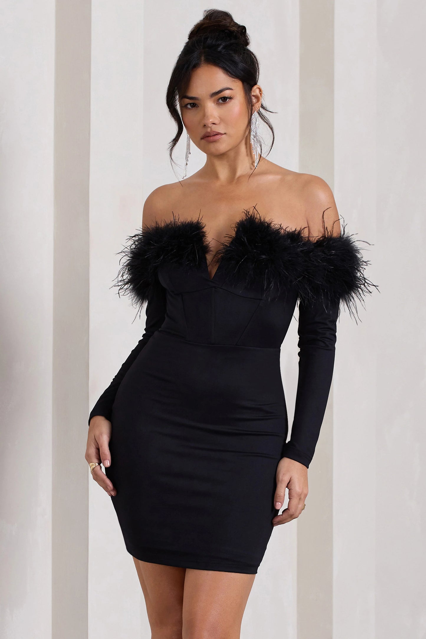 Celia | Black Plunge Neck Bardot Mini Dress With Feather Trim Detail