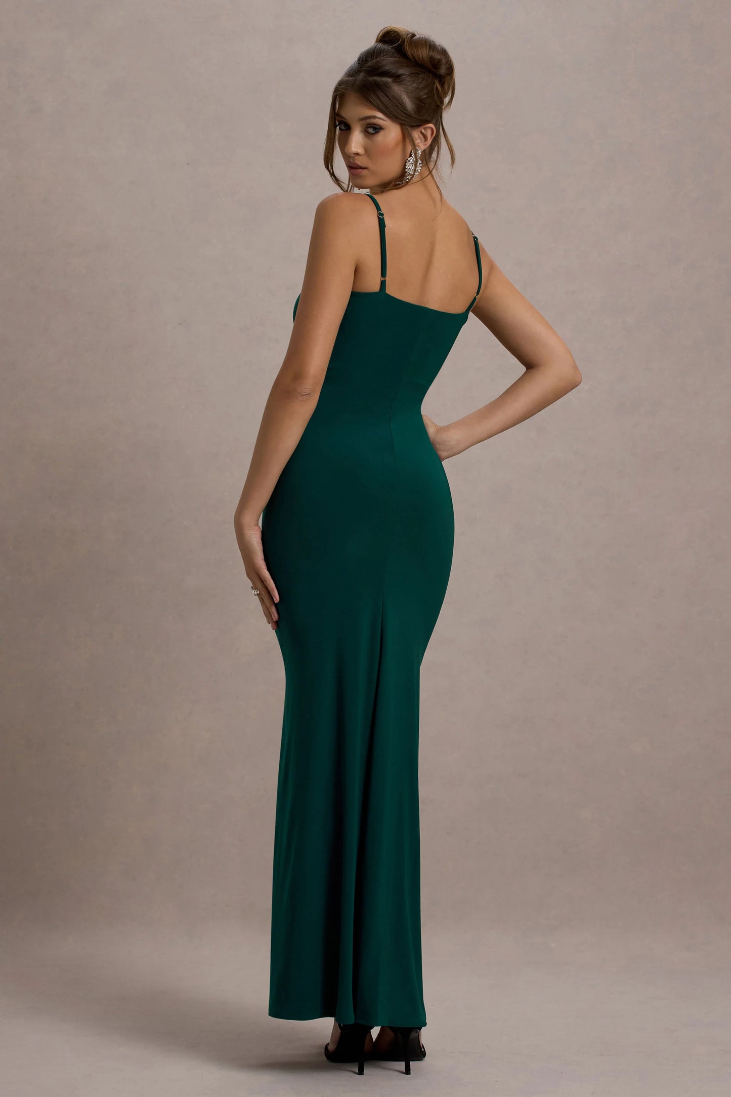 Jeanne | Bottle Green Plunge Ruched Cami Maxi Dress With Split