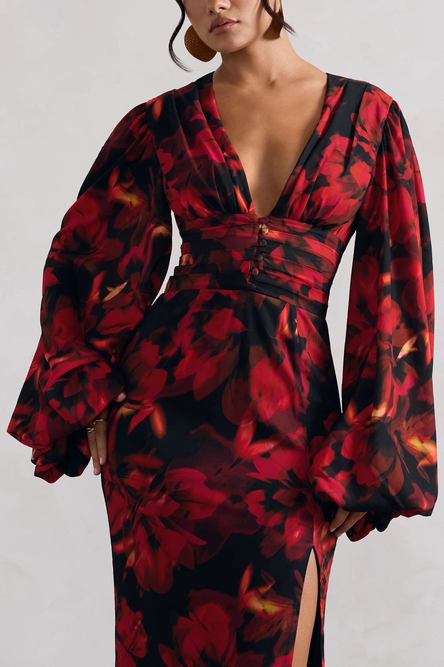 Casarile | Red Floral Print V-Neck Balloon Sleeve Maxi Dress