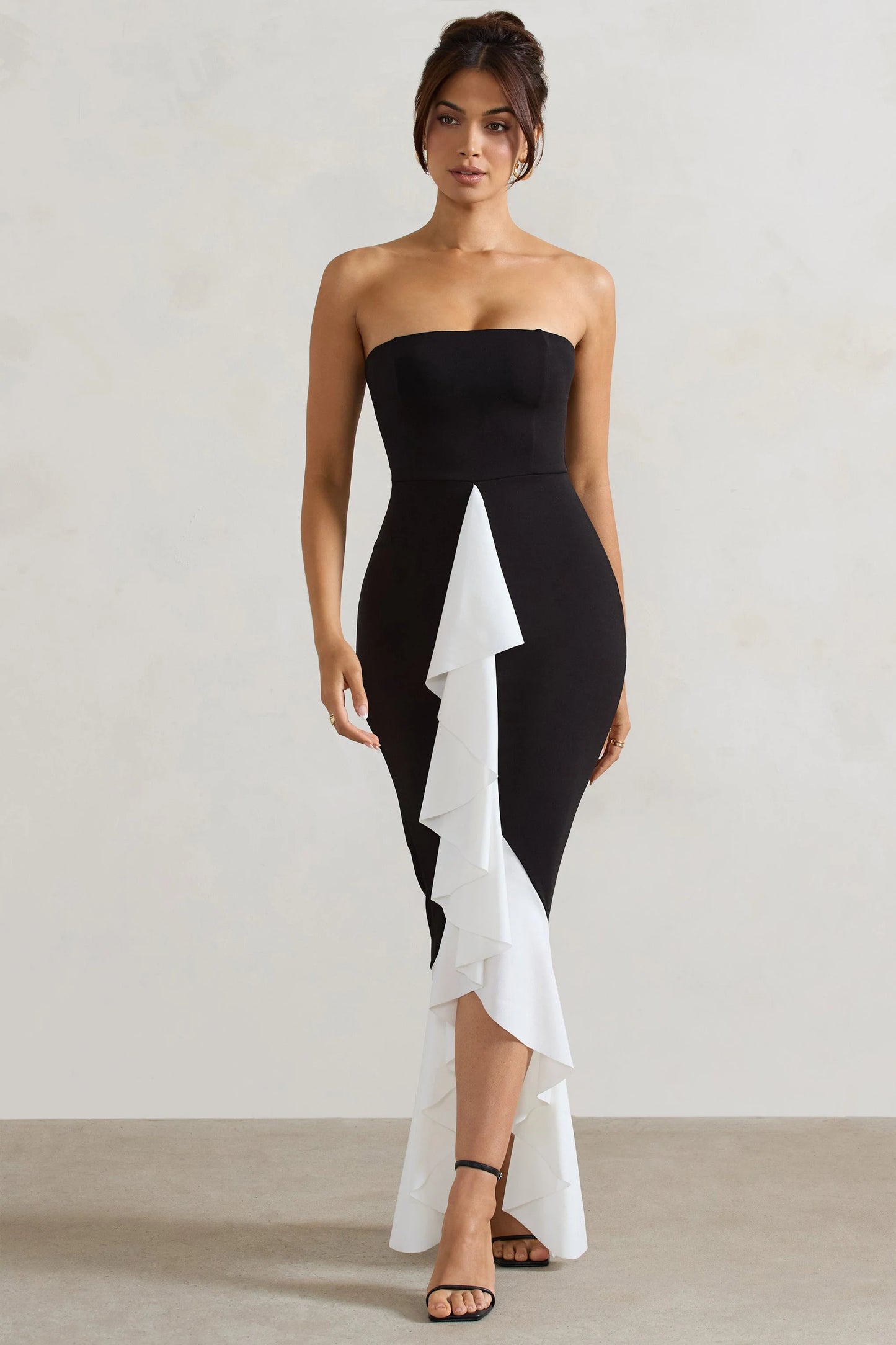 Carbonne | Black & White Bandeau Ruffled Maxi Dress