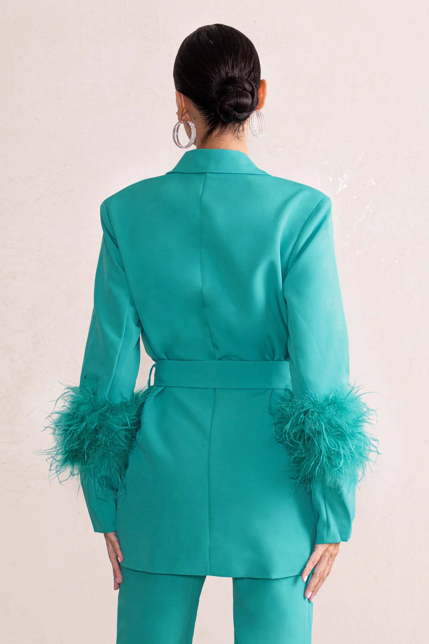 Just Like That | Turquoise Belted Blazer With Feather Detail