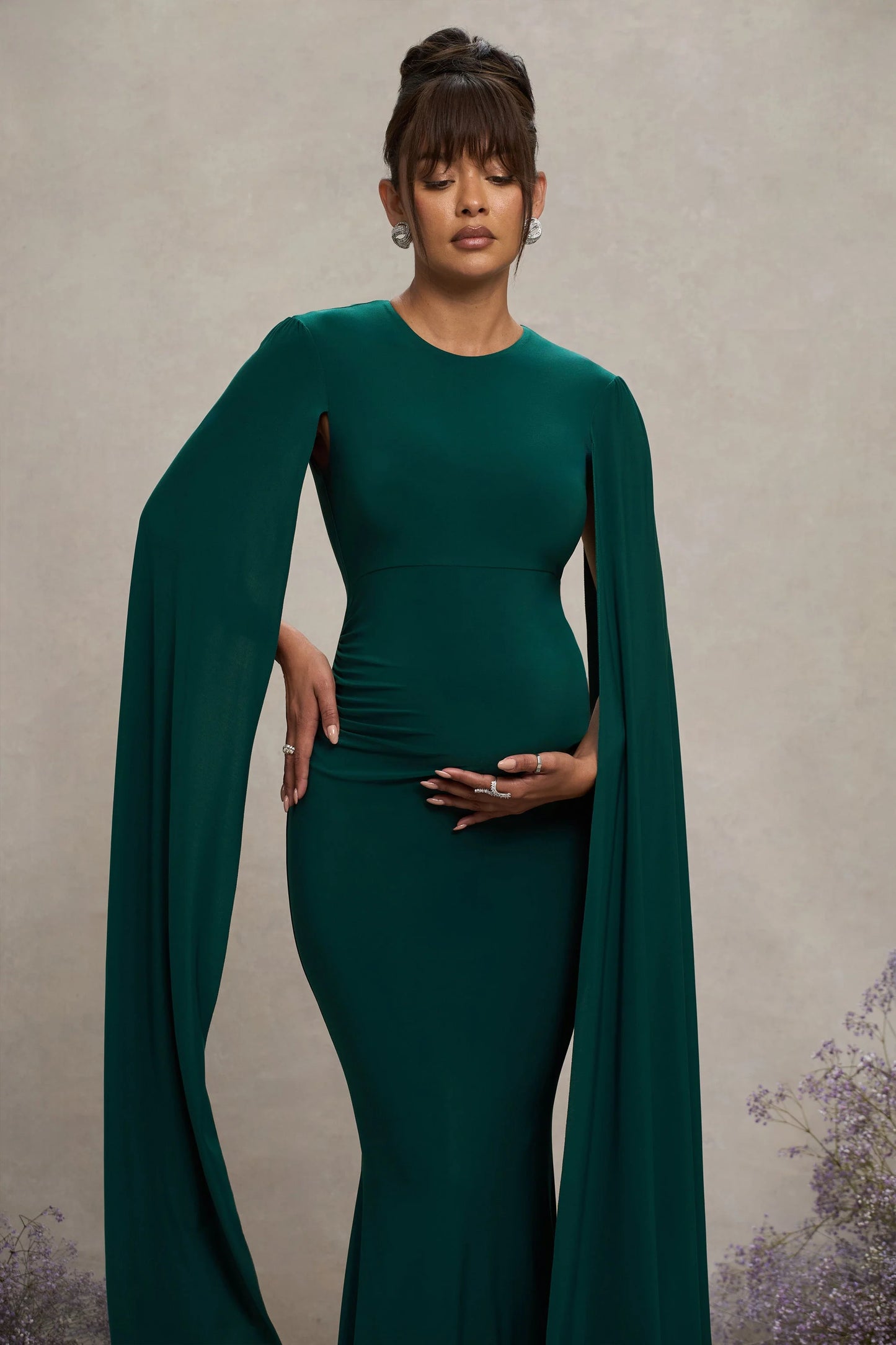 Divine Timing | Bottle Green Maternity Maxi Dress With Cape Sleeves