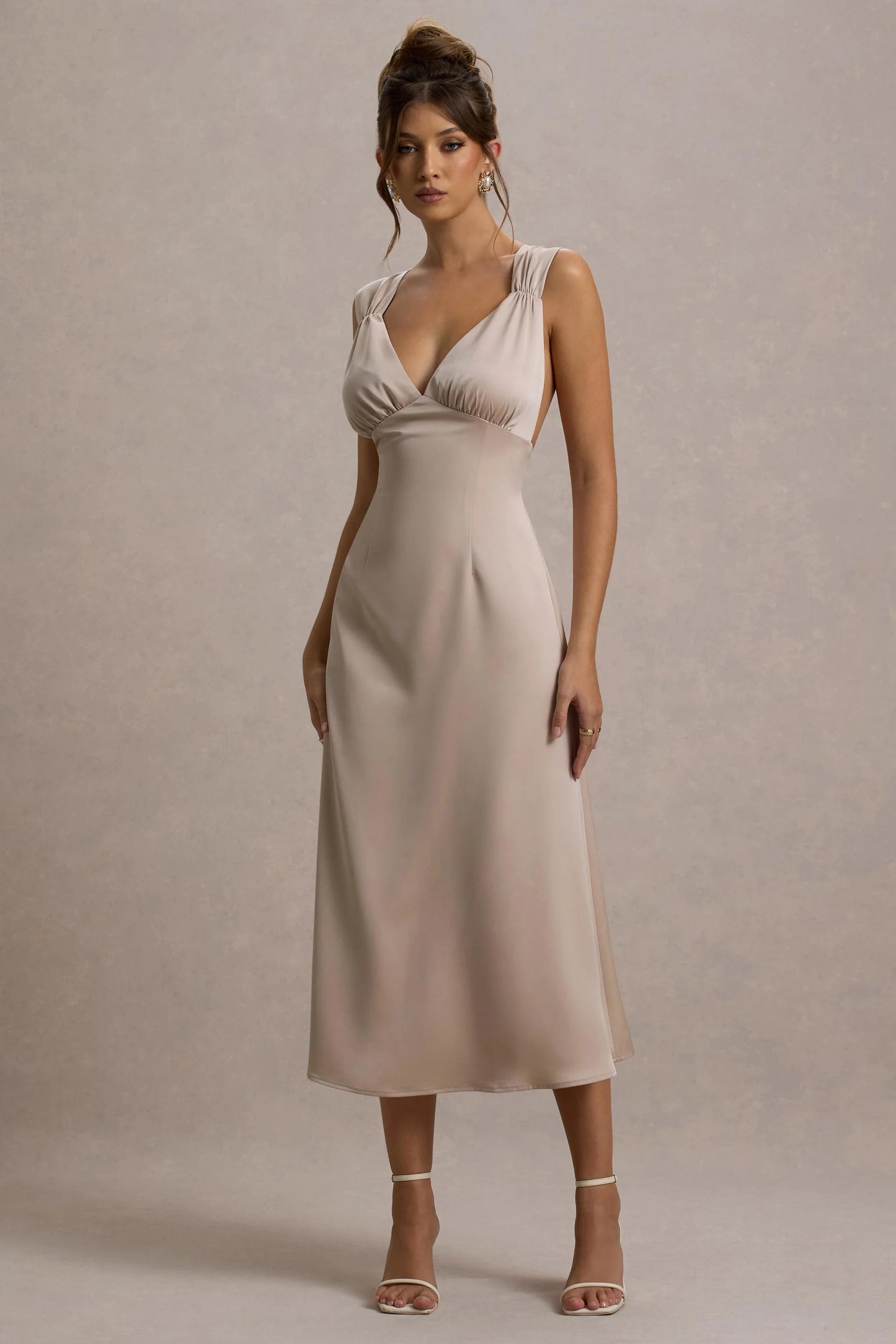 Beck | Champagne Satin Plunge-Neck Cross-Back Midi Dress