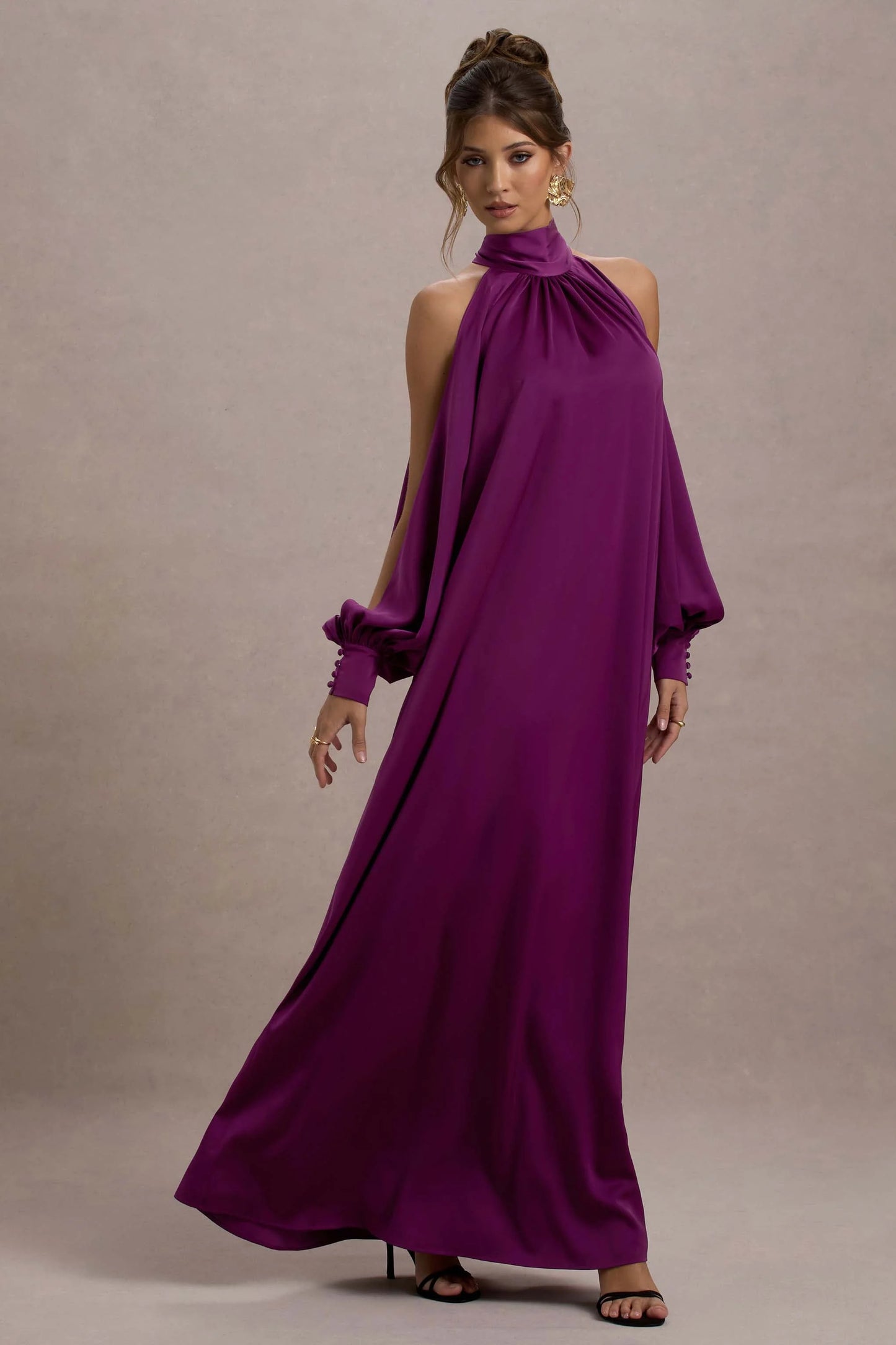 Baila | Mulberry Satin High-Neck Cape-Sleeve Maxi Dress