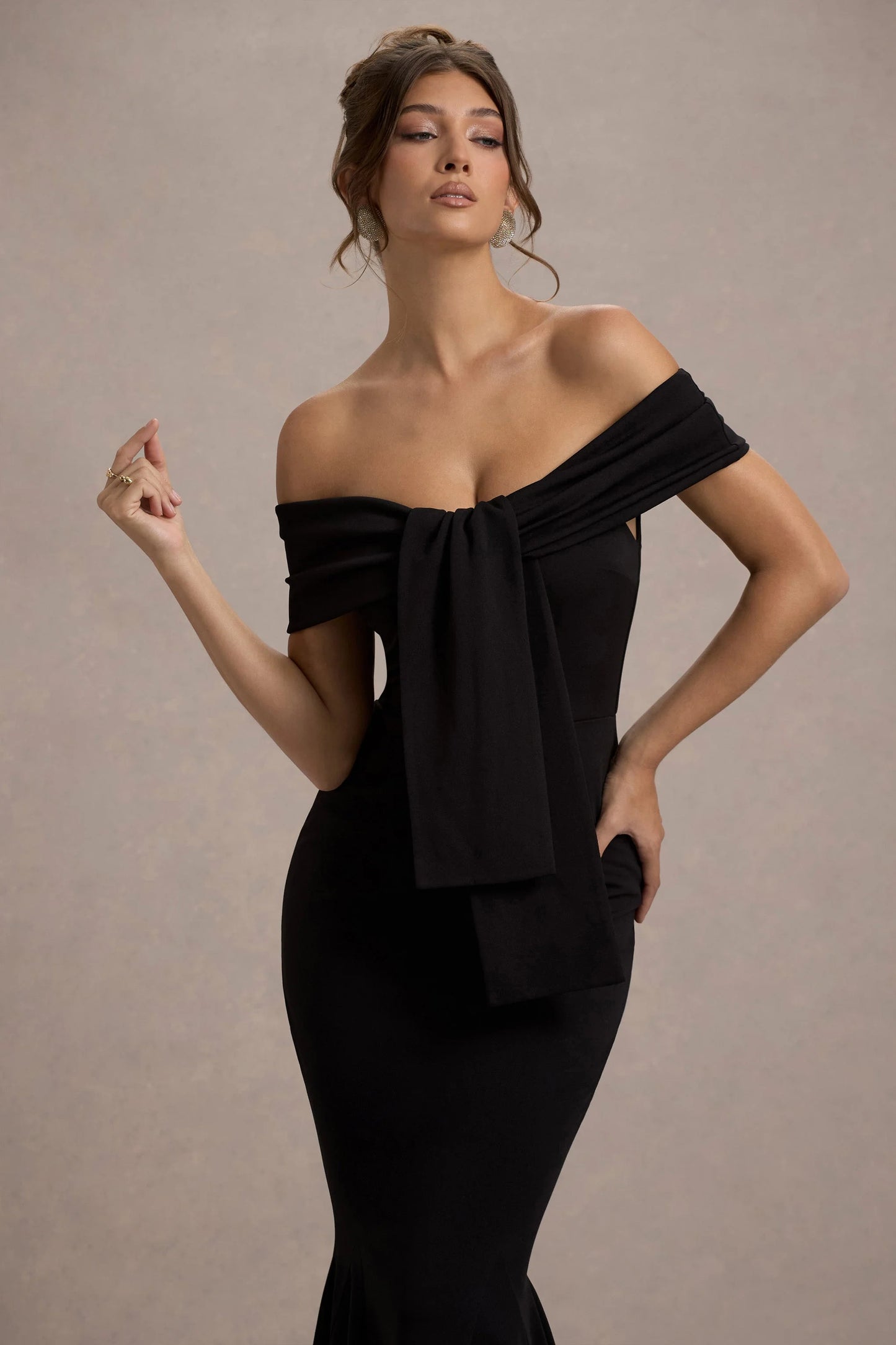 Lantana | Black Bardot Fishtail Maxi Dress With Drape