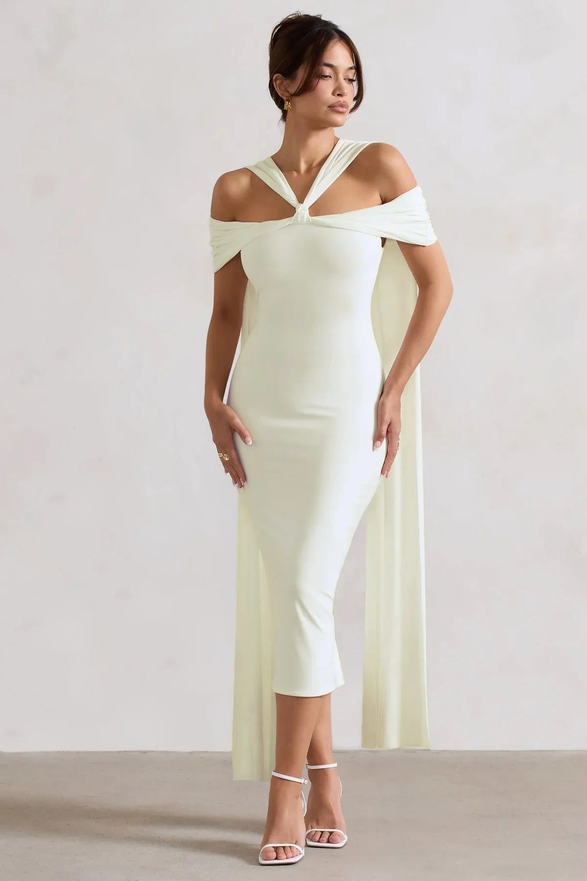 Galia | White Strappy Midi Dress With Drape