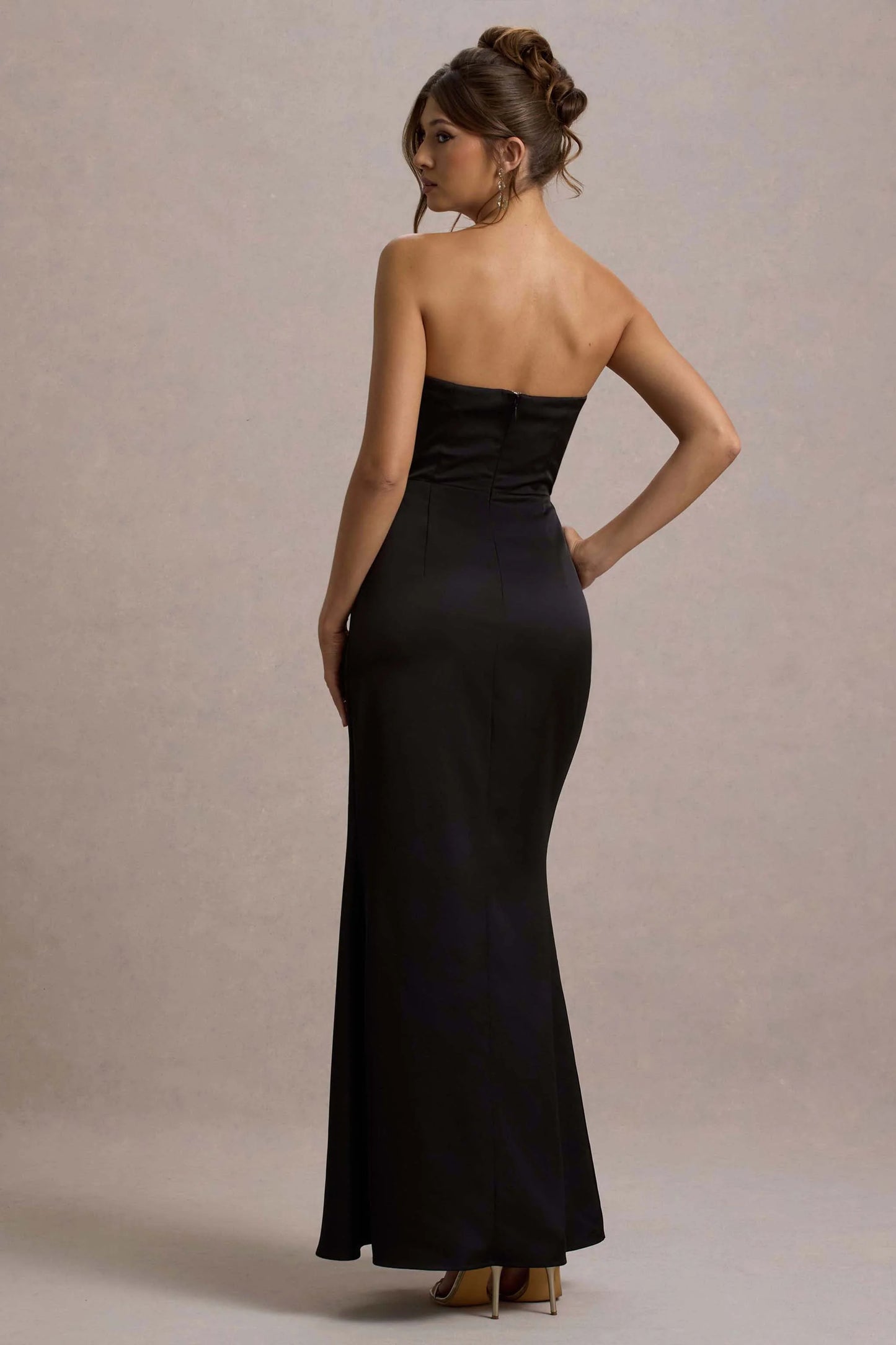 Cairo | Black Satin Strapless Draped Maxi Dress