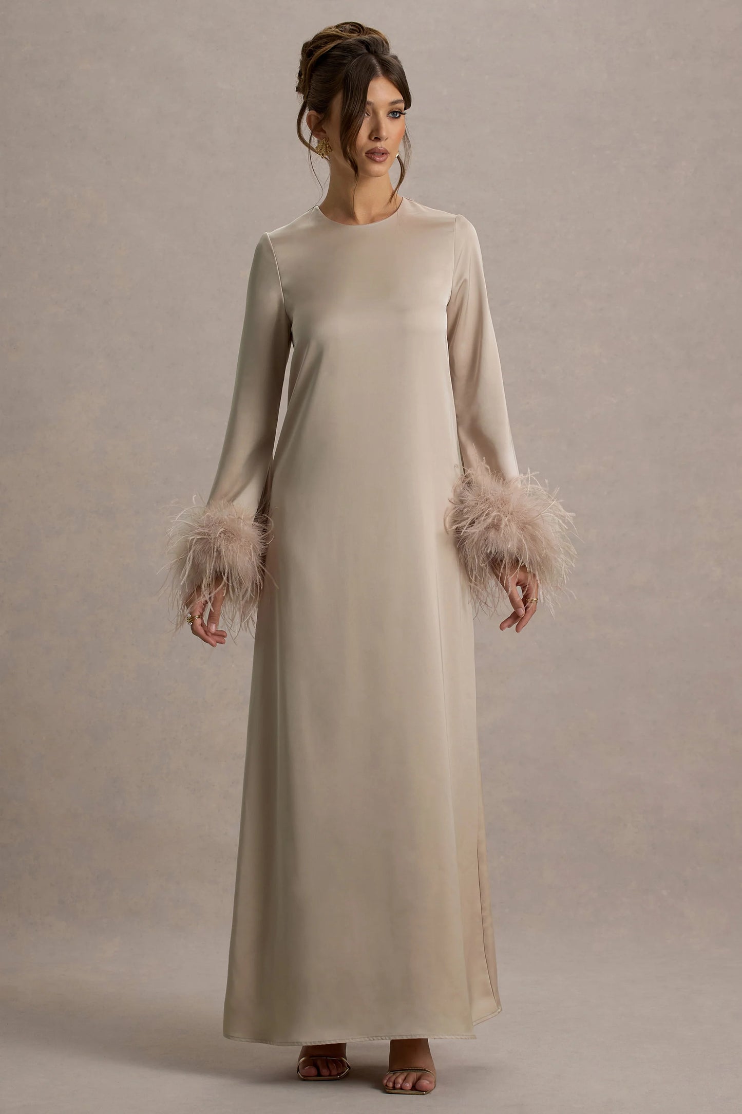 Adella | Champagne Satin Feather-Trim Maxi Dress