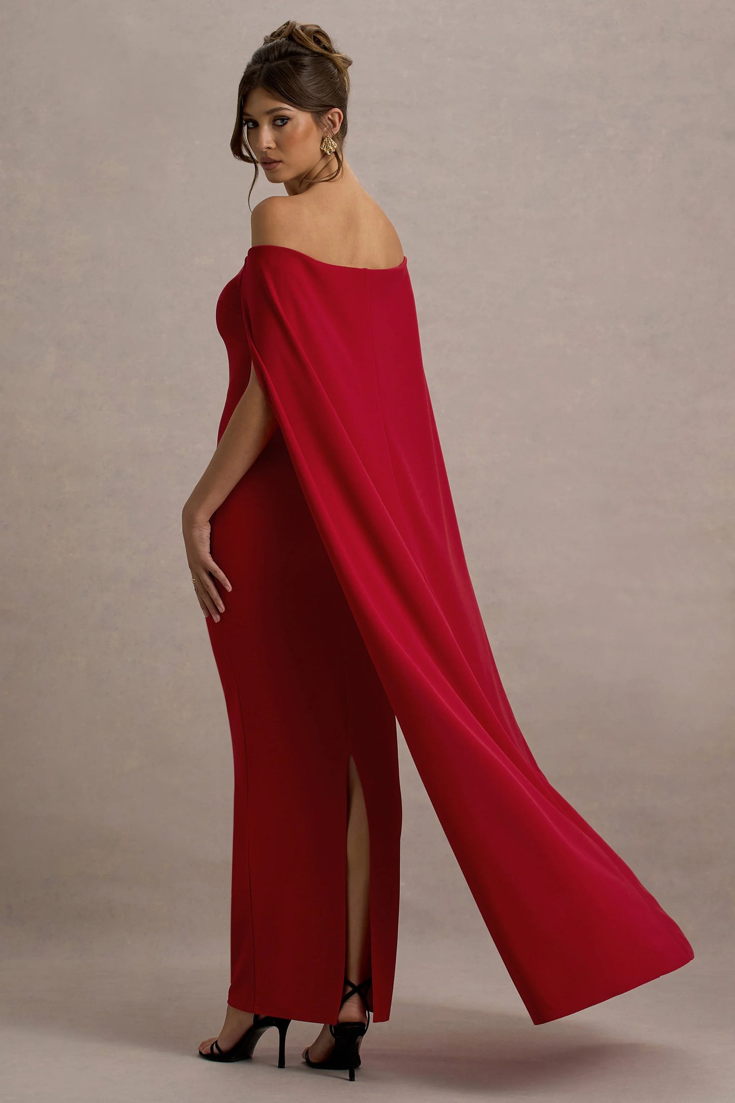 Genovia | Red Bardot Cape Maxi Dress