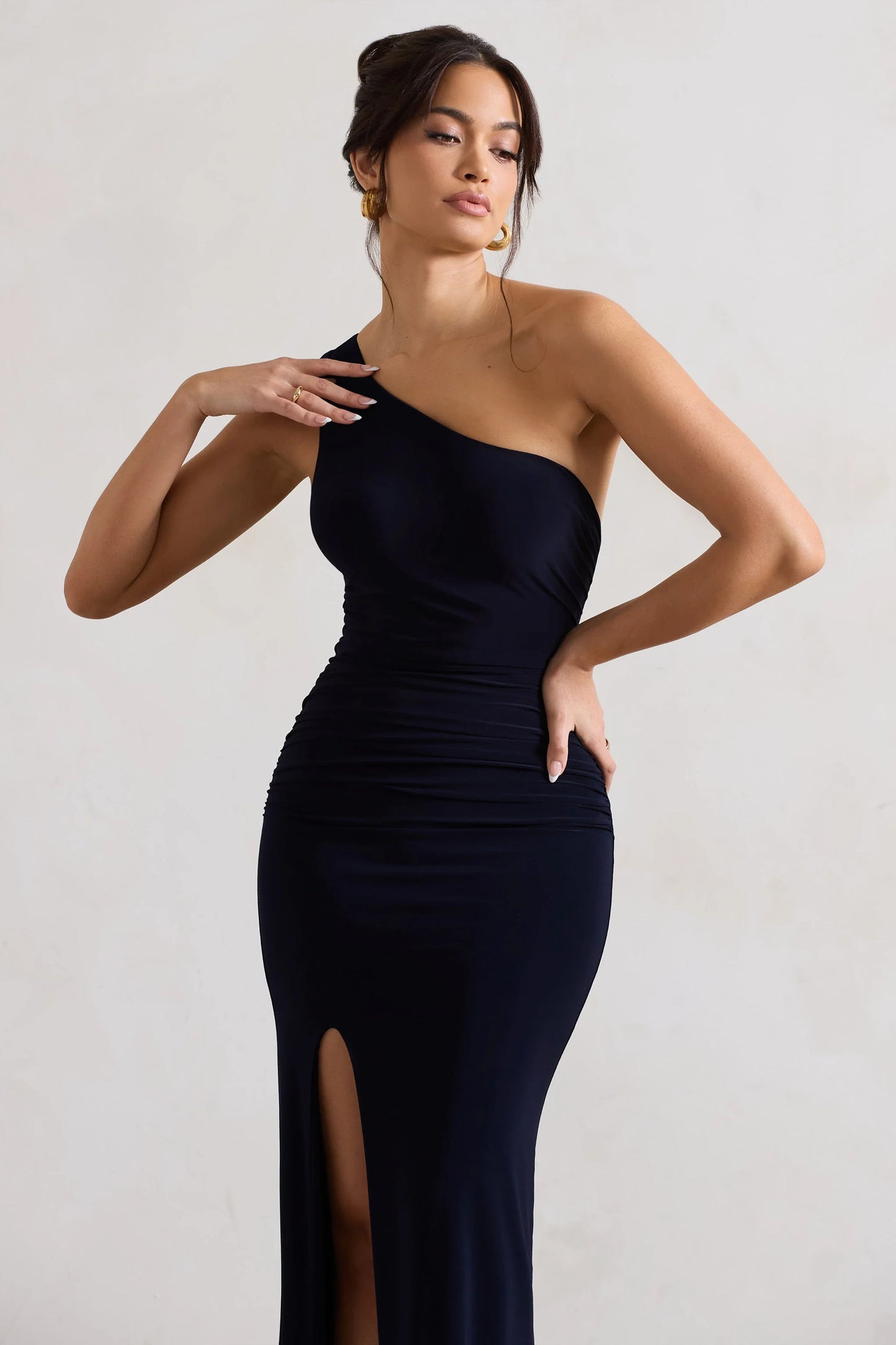 Ethereal | Navy One Shoulder Ruched Split Maxi Dress