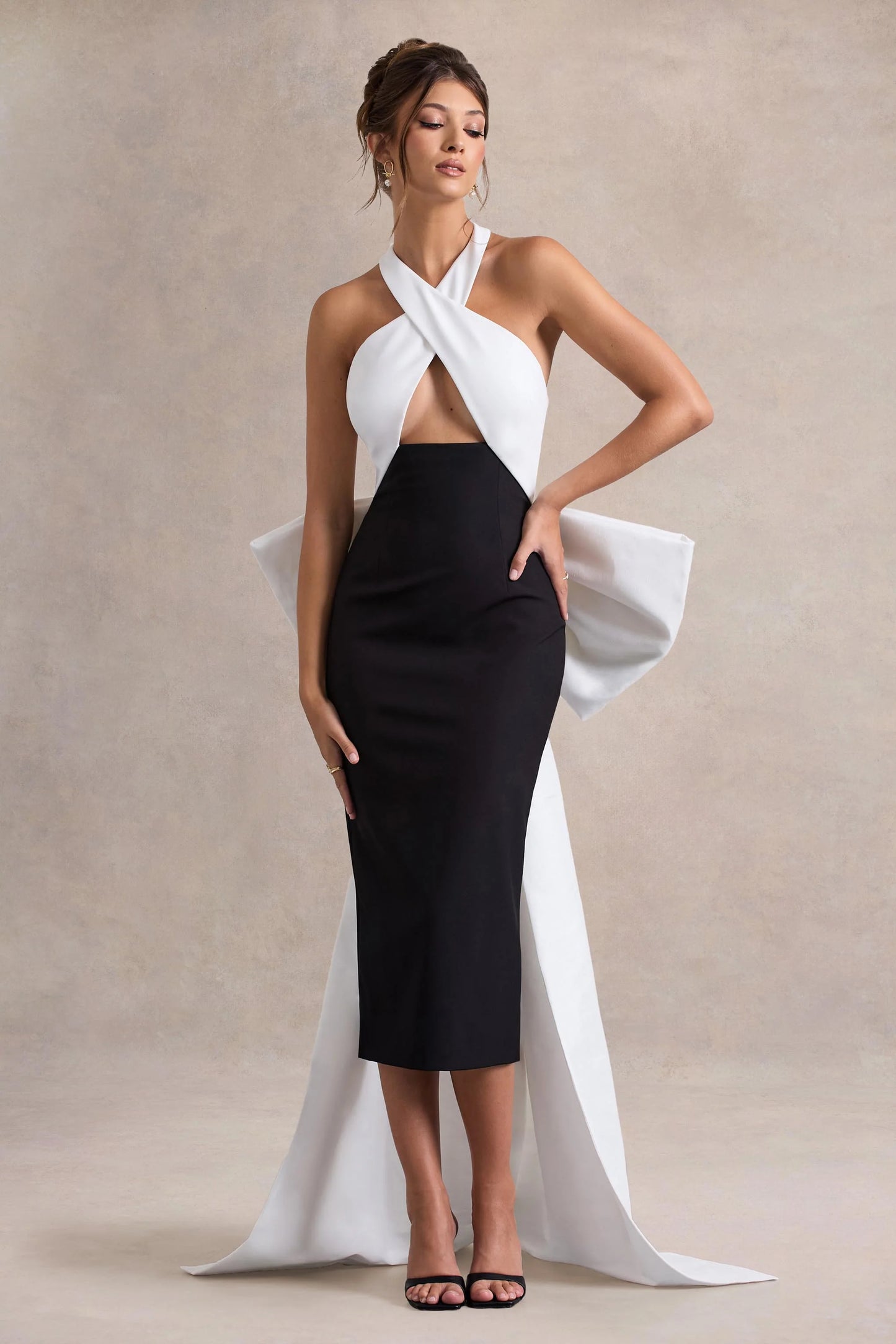 Blanca | Black & White Halter-Neck Cut-Out Midi Dress With Oversized Bow