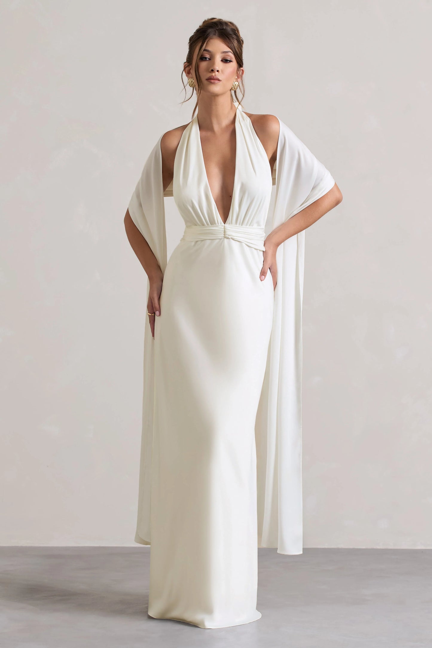 Carolyn | Ivory Satin Plunge Maxi Dress With Dipped Hem