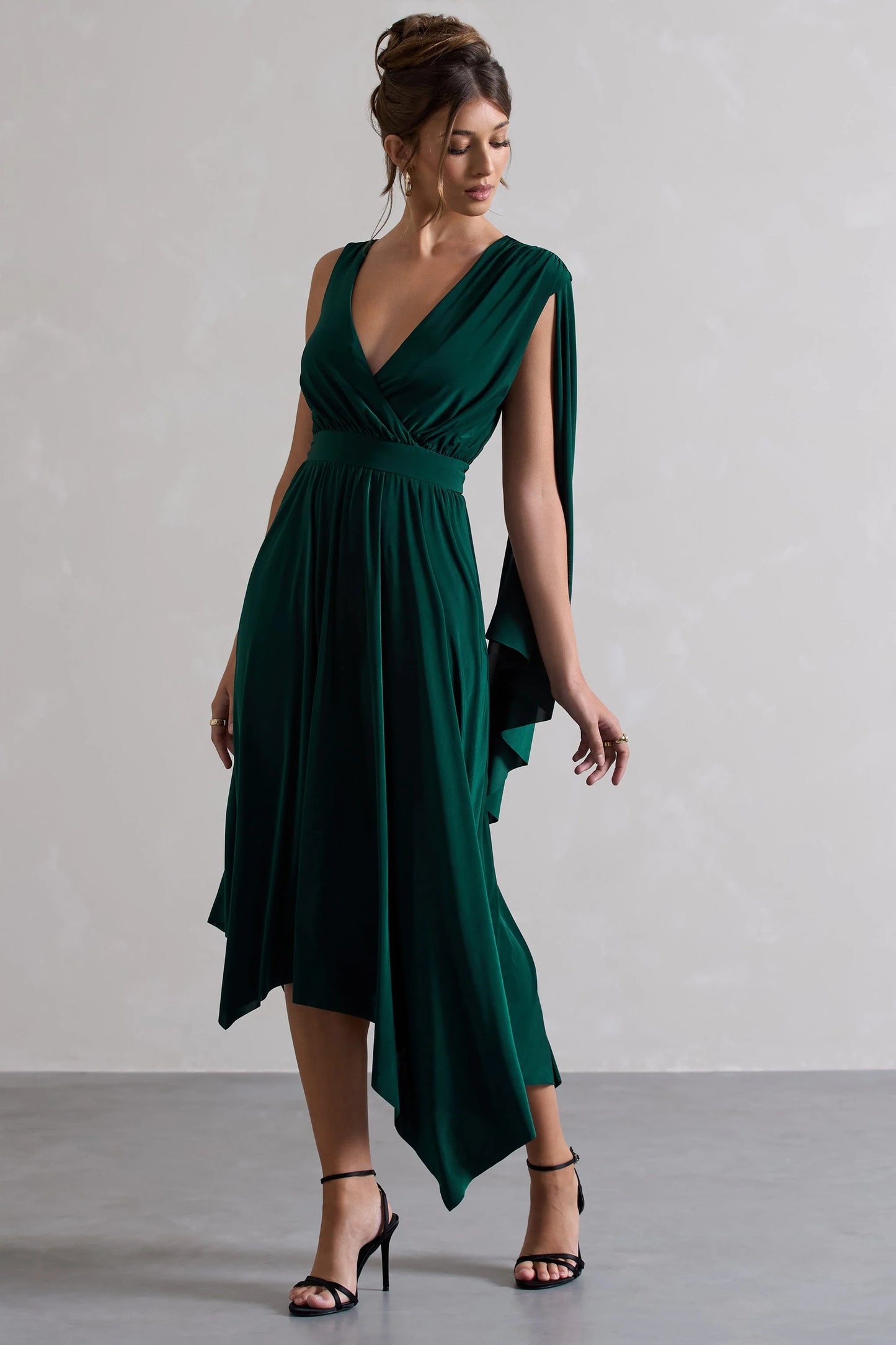 Fable | Bottle Green Plunge-Neck Maxi Dress With Cape Sleeve