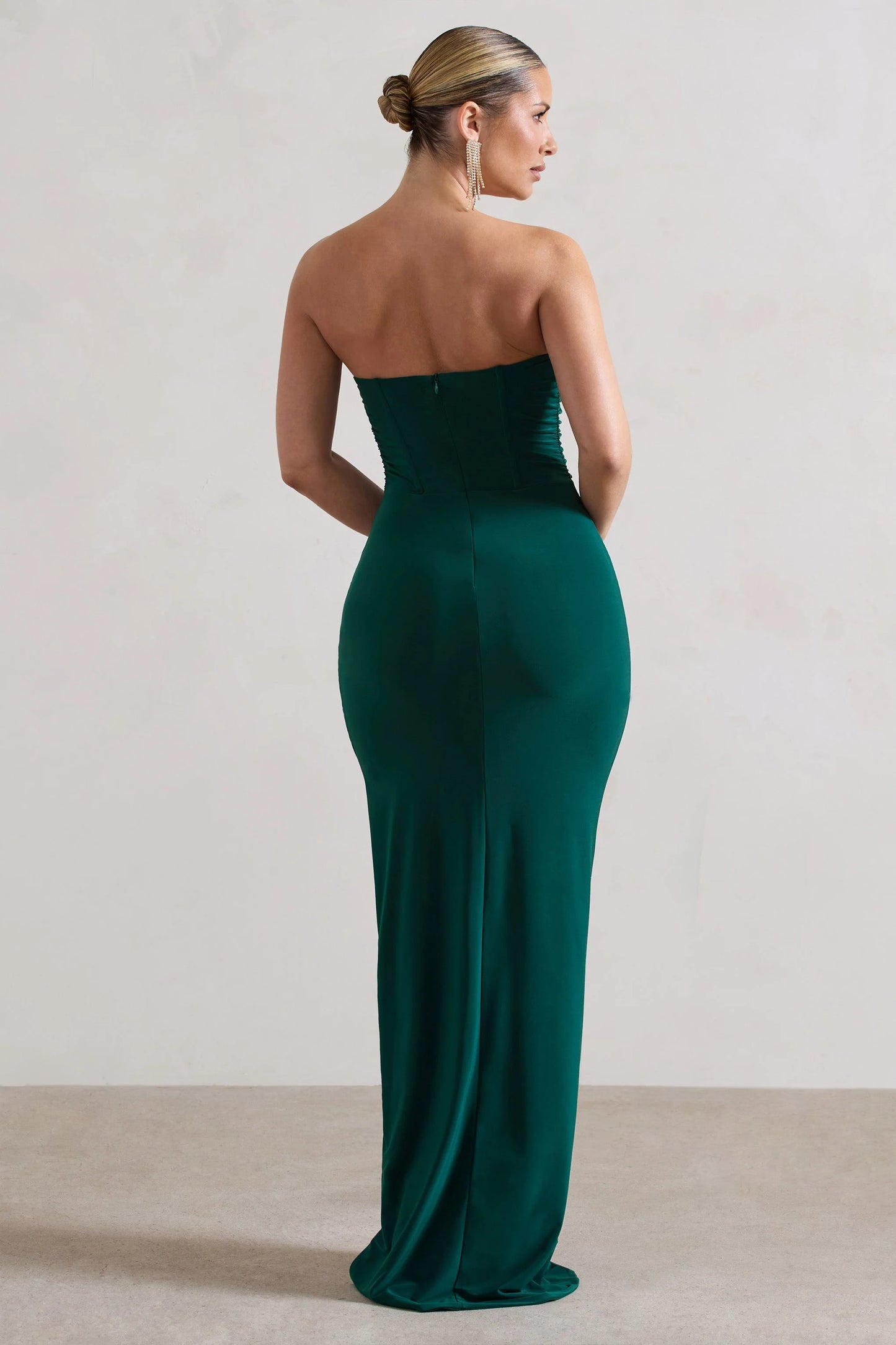 Eletta | Bottle Green Ruched Bandeau Asymmetric Maxi Dress