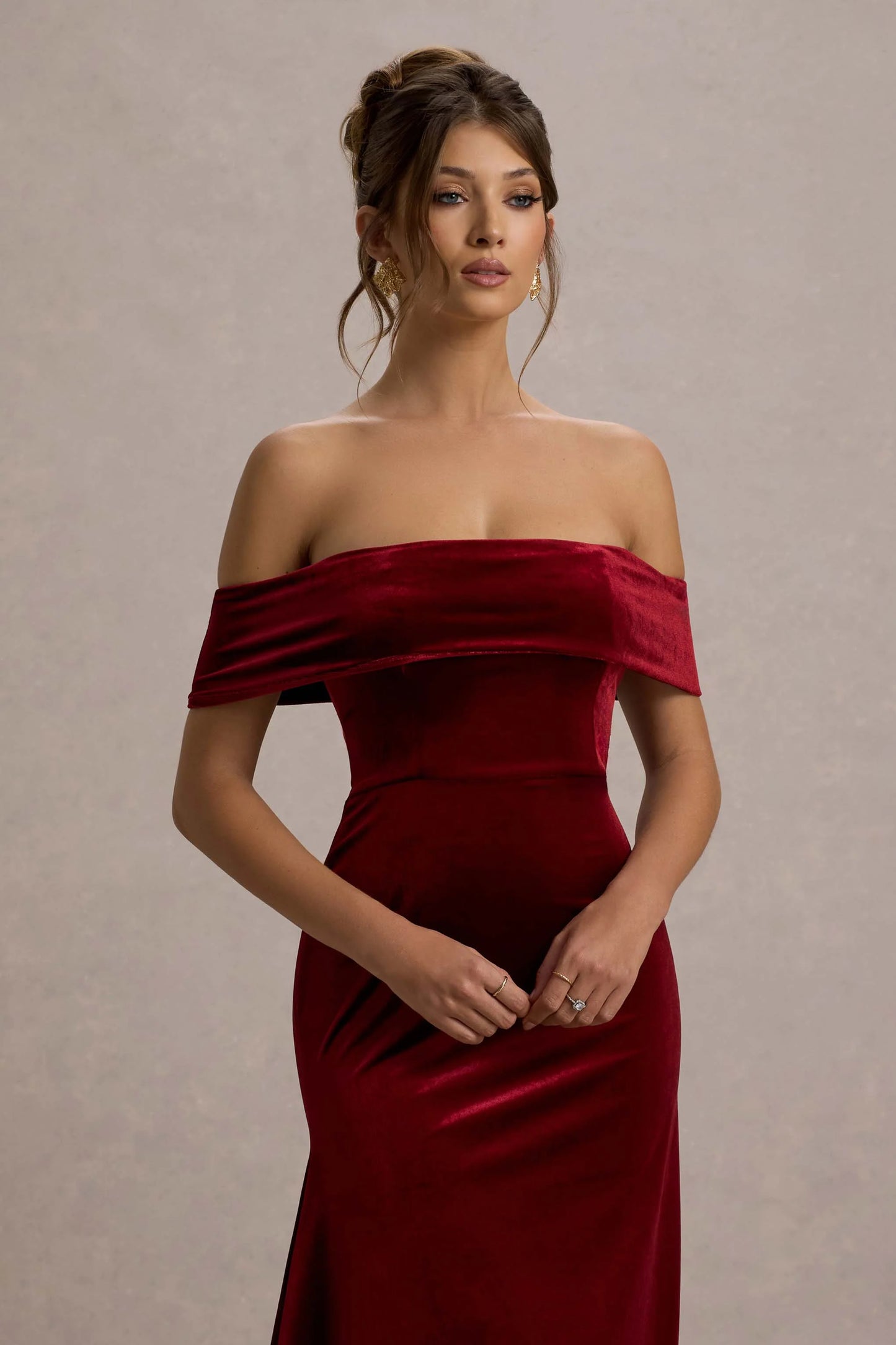 Halia | Berry Velvet Bardot Midi Dress