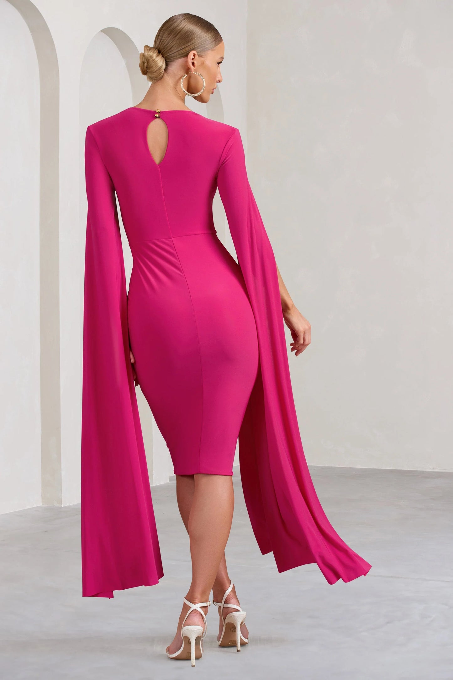 Flawless | Hot Pink Square Neck Midi Dress With Cape Sleeves