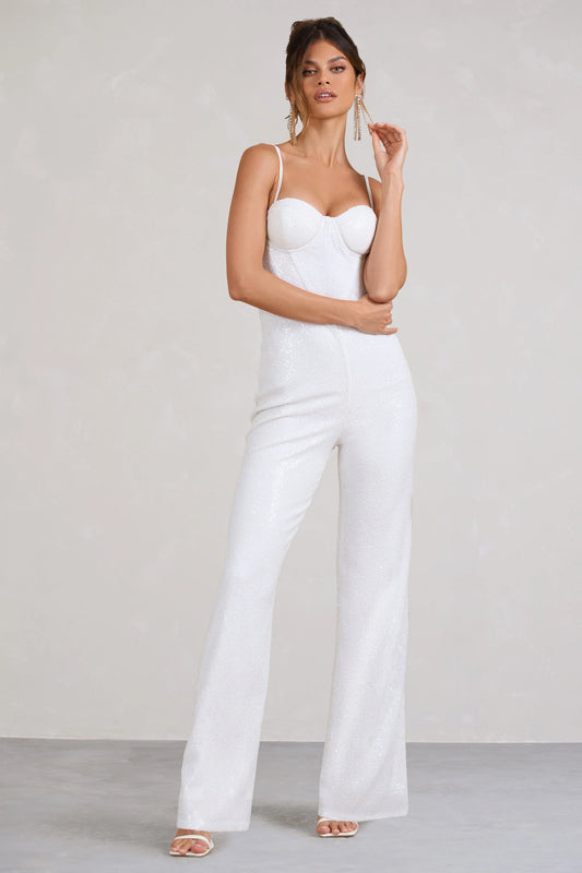 Dandelion | White Strappy Corset Sequin Jumpsuit