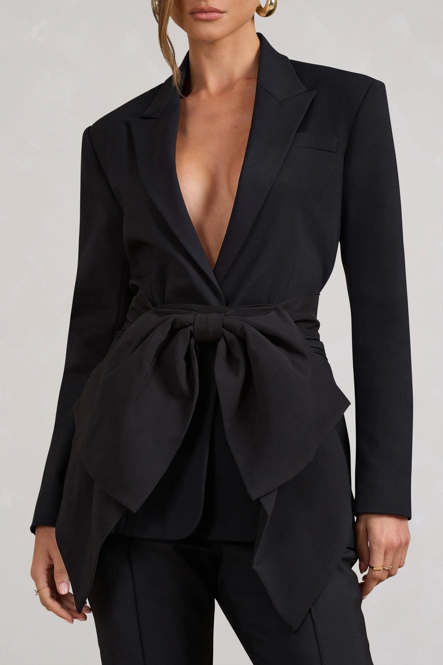 Gifted | Black Plunge Blazer With Statement Bow