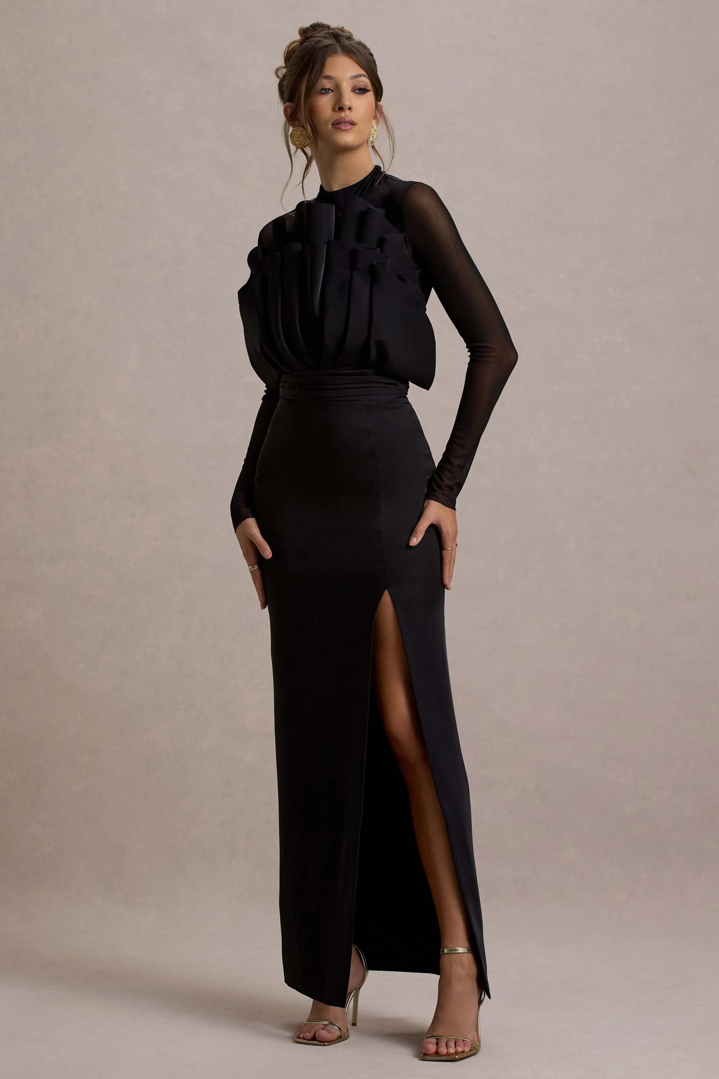 Alder | Black Mesh Long-Sleeve Ruffled Split Maxi Dress