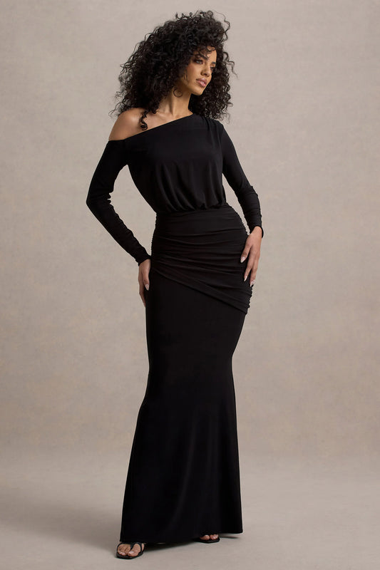 Deanna | Black Asymmetric Long-Sleeve Ruched Maxi Dress