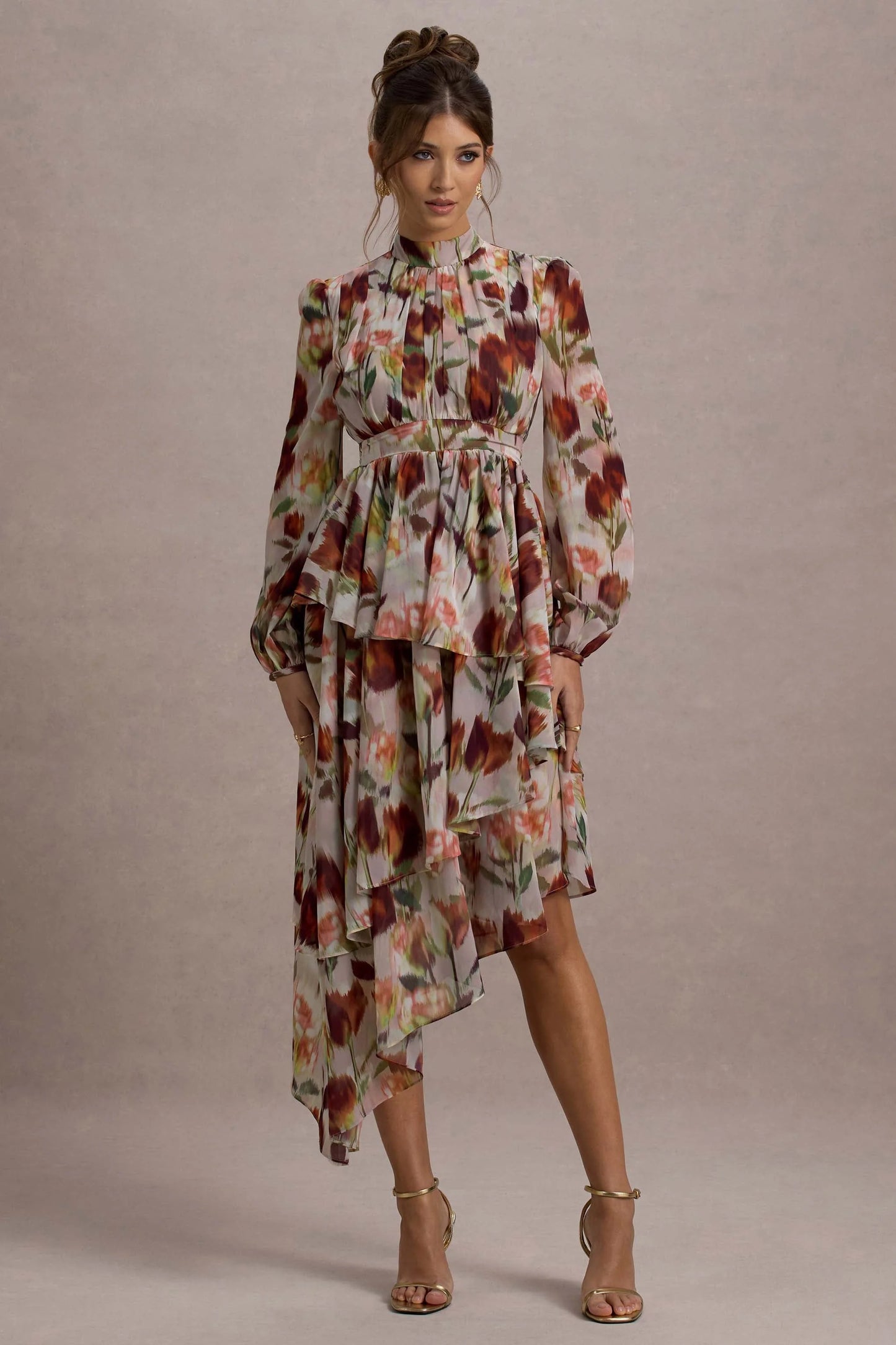 Begonia | Cream Floral Print High-Neck Tiered Chiffon Maxi Dress