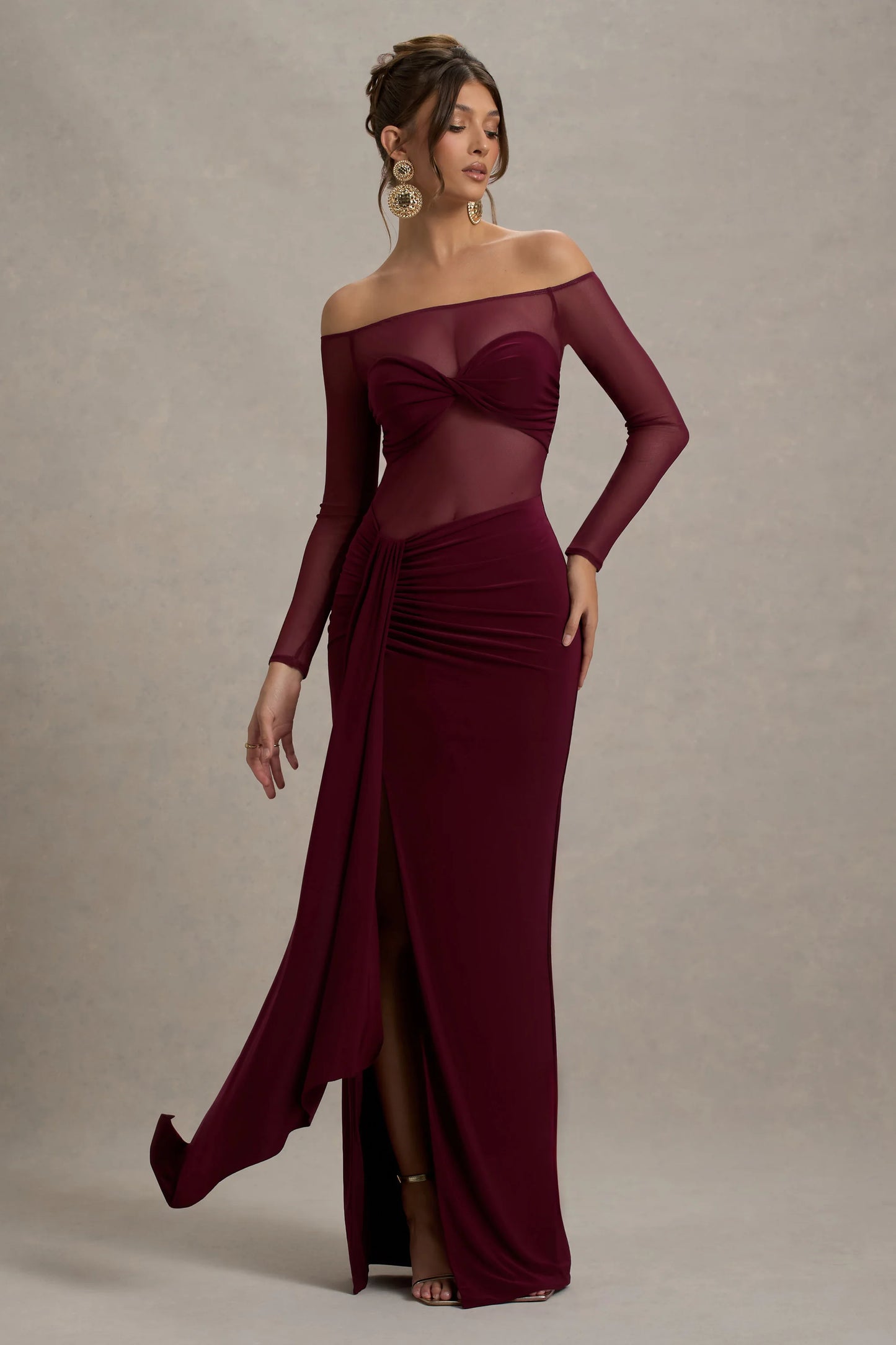 Cover Star | Burgundy Mesh Bardot Long-Sleeve Draped Maxi Dress