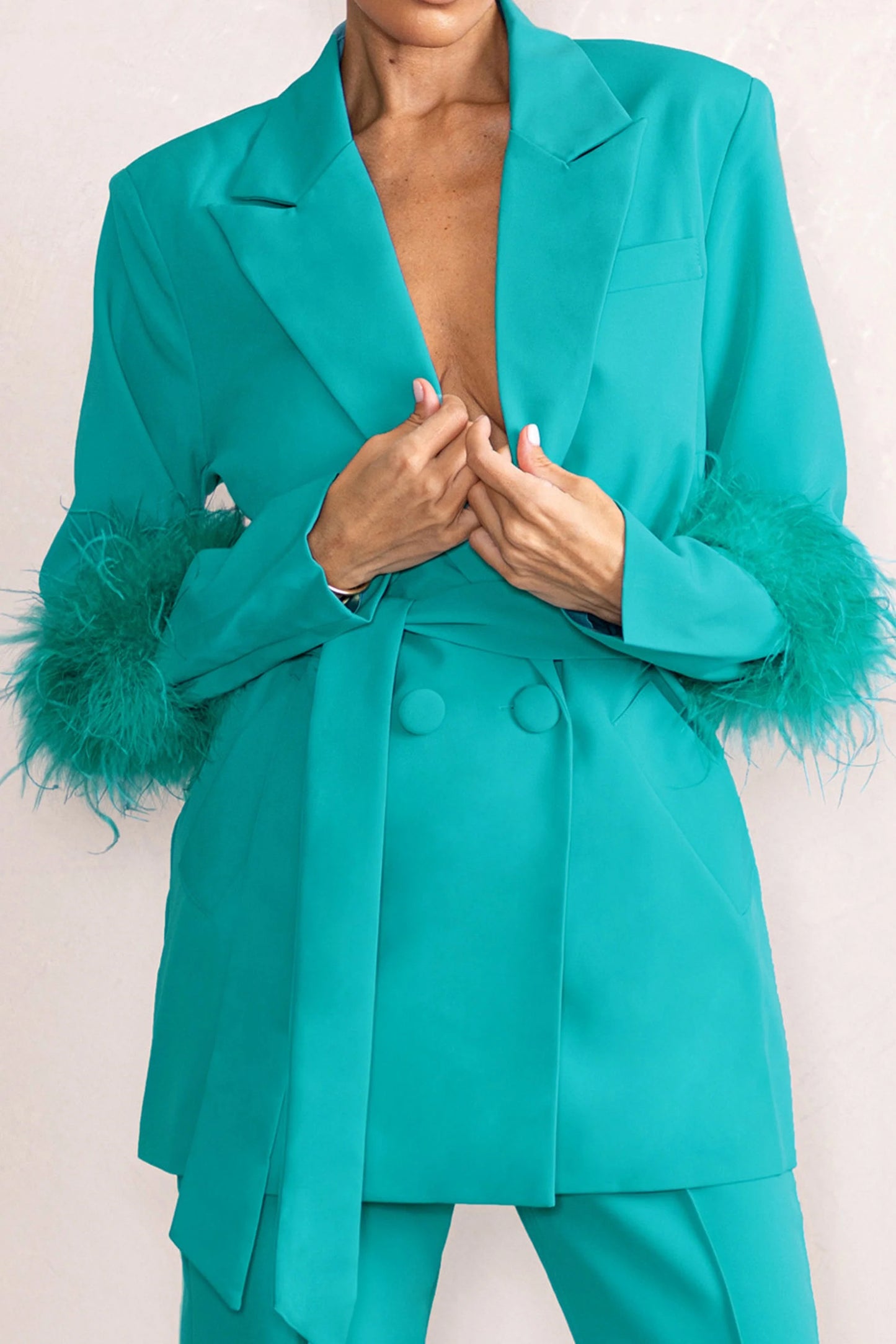 Just Like That | Turquoise Belted Blazer With Feather Detail