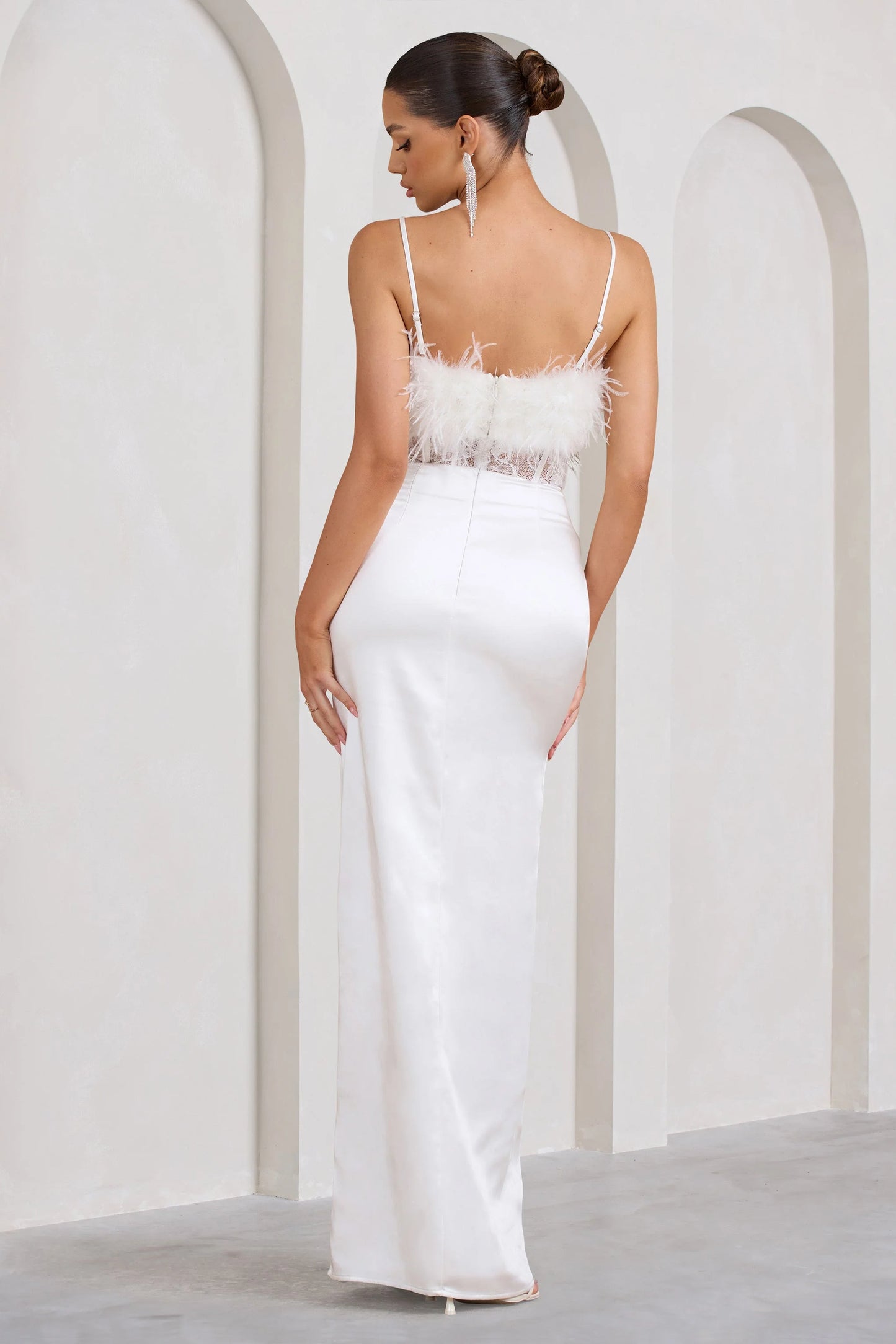 Countess | White Lace Corset Maxi Dress With Feather Trim