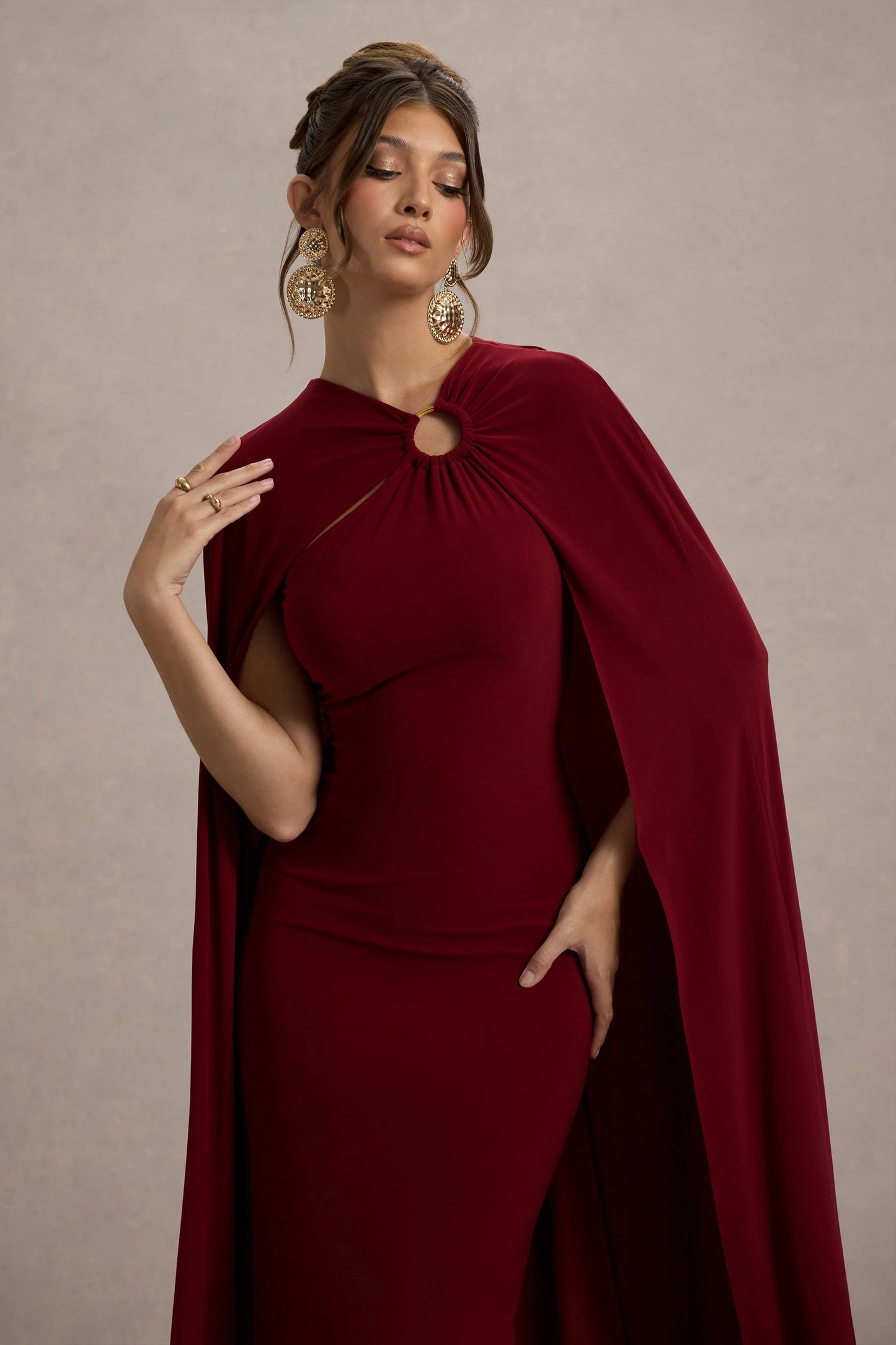 Aliza | Berry Cape Maxi Dress With Gold Ring