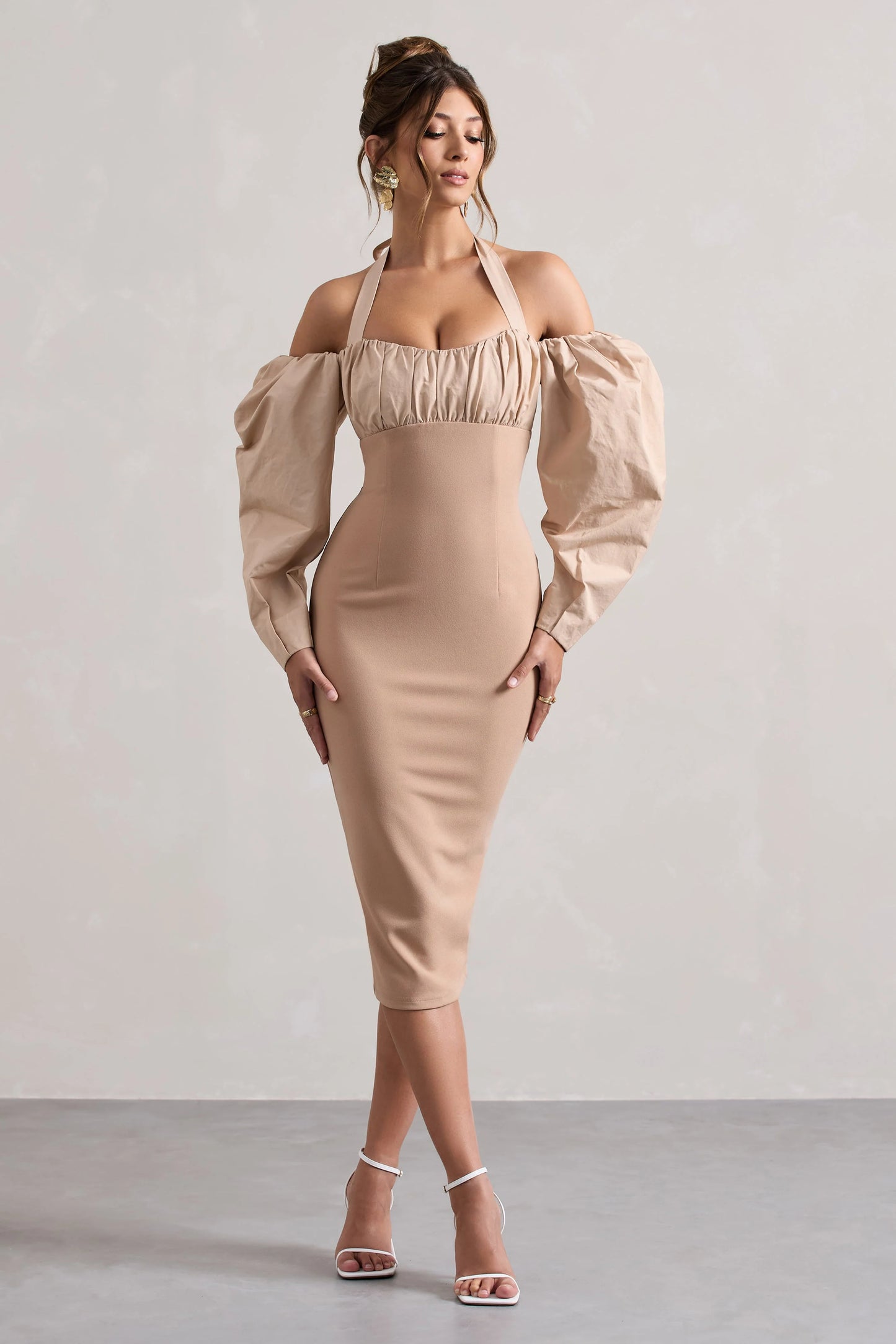 Couture Client | Champagne Halter-Neck Puff Sleeve Midi Dress