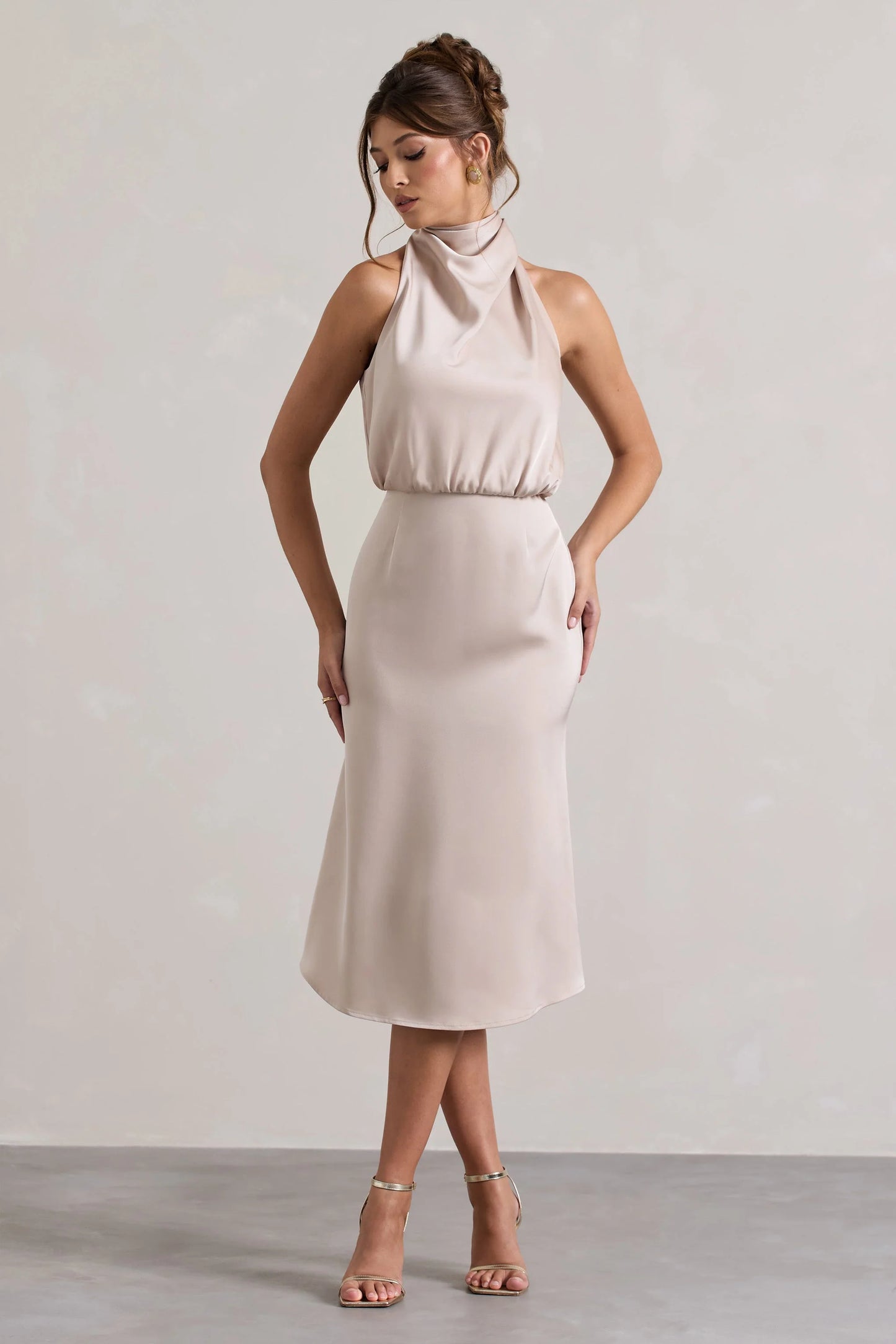 Geena | Champagne Satin Twisted High-Neck Midi Dress