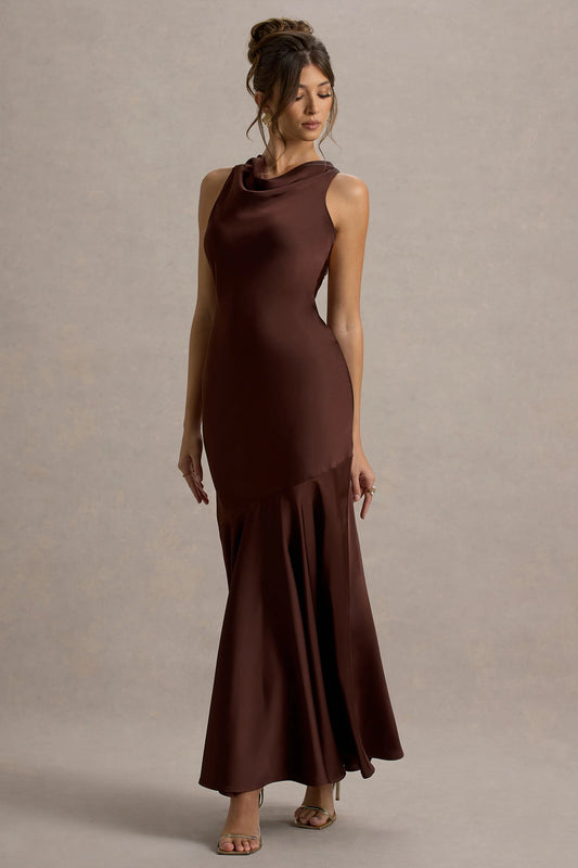 Amelita | Brown Satin Cowl-Neck Maxi Dress