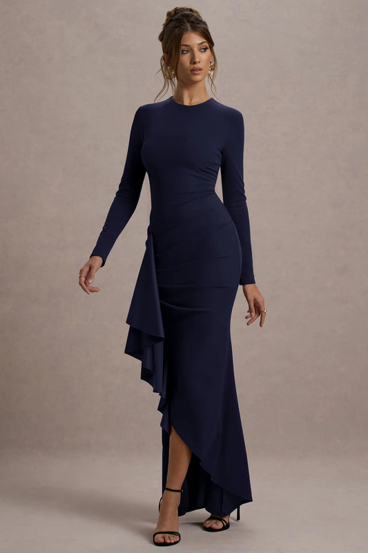 Alayna | Navy Long-Sleeve Maxi Dress With Ruffled Split