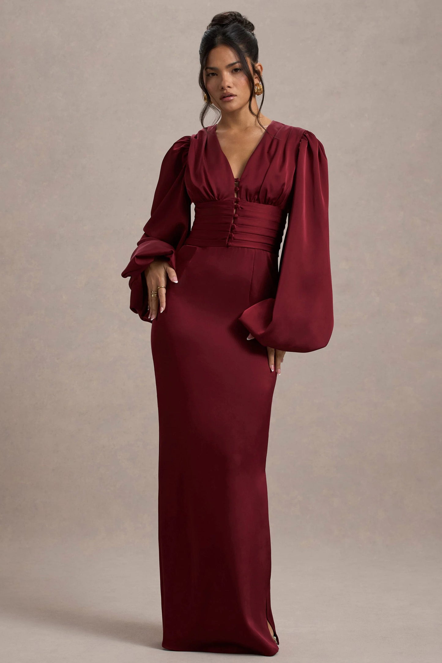 Helsinki | Berry Satin V-Neck Balloon Sleeve Maxi Dress